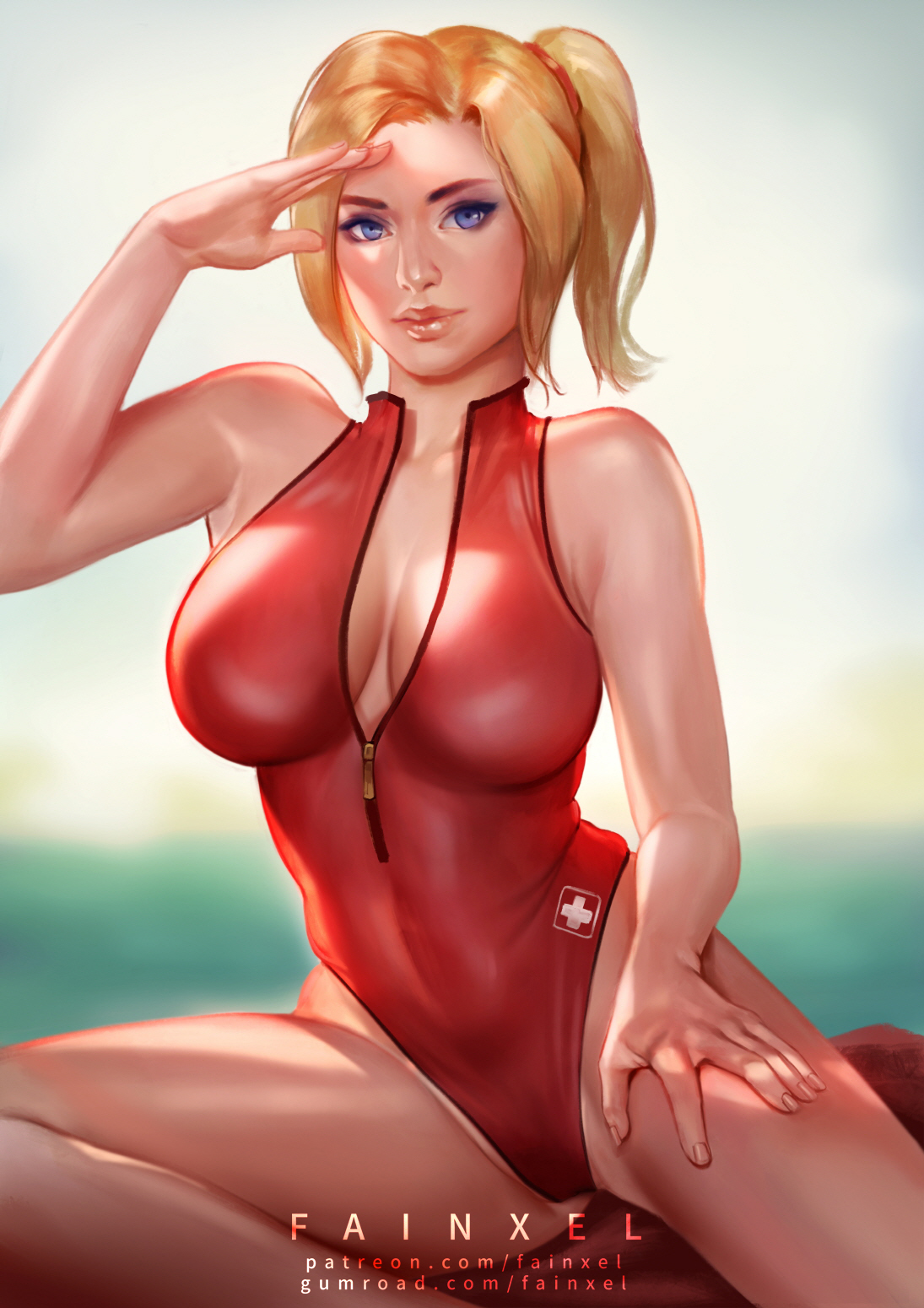 alternate costume, blizzard entertainment, blonde hair, blue eyes, breasts, cleavage, fainxel, female, female only, gumroad username, looking at viewer, mercy, one-piece swimsuit, overwatch, patreon username, realistic, solo, swimsuit