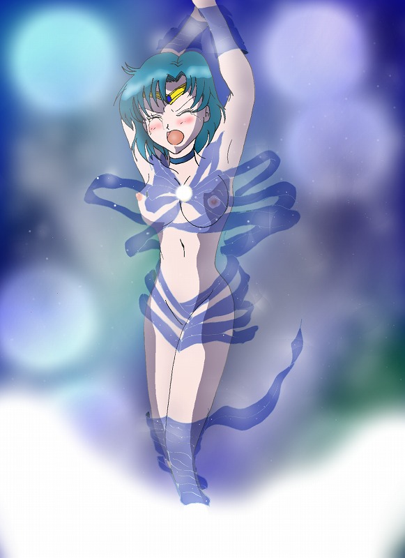 1girls ami_mizuno big_breasts bishoujo_senshi_sailor_moon blush bondage breasts choker circlet detransformation female female_only henshin nipples nude ribbon ribbons rokubee sailor_mercury small_breasts solo teal_hair transformation