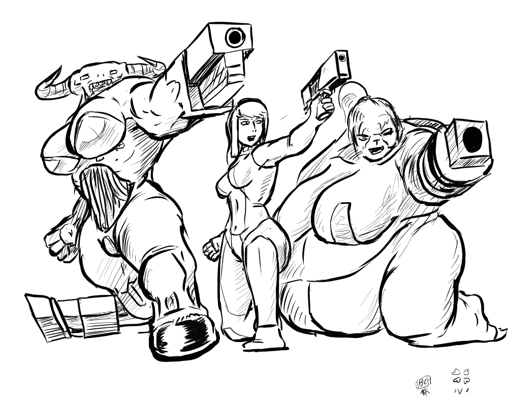 3girls black_and_white crossover doom eastern_and_western_character female gun human mancubus_(doom) metroid monochrome nintendo oniontrain samus_aran sketch tagme tyrant_(doom) zero_suit