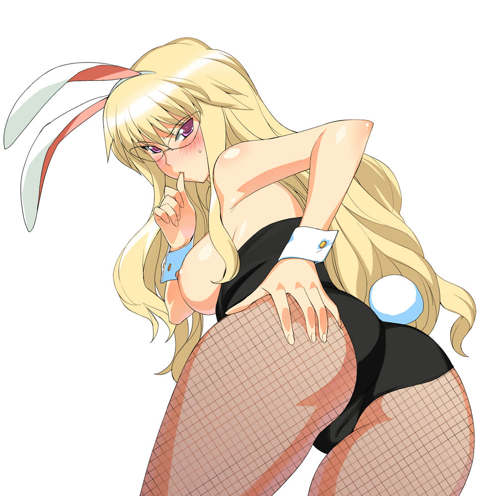 1girls a1 animal_ear ass blonde_hair blush breasts bunny_ear bunny_girl bunnysuit clothing eleanor eleanor_albertine_le_blanc_de_la_blois_de_la_valliere female fishnet_pantyhose fishnets glasses large_breasts pantyhose pink_eyes pointy_chin solo wrist_cuffs zero_no_tsukaima