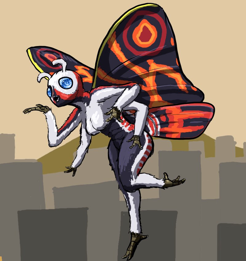 anthro breasts bug bug_eyes city female godzilla_(series) lepidopteran lepidopteran_humanoid lepidopteran_wings moth mothra tagme thighs wings