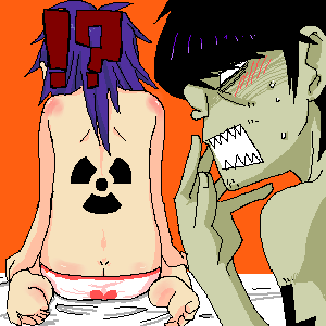 !? 1boy 1girls bed blushing duo gorillaz murdoc_niccals noodle_(gorillaz) panties radioactive shocked sweat sweatdrop