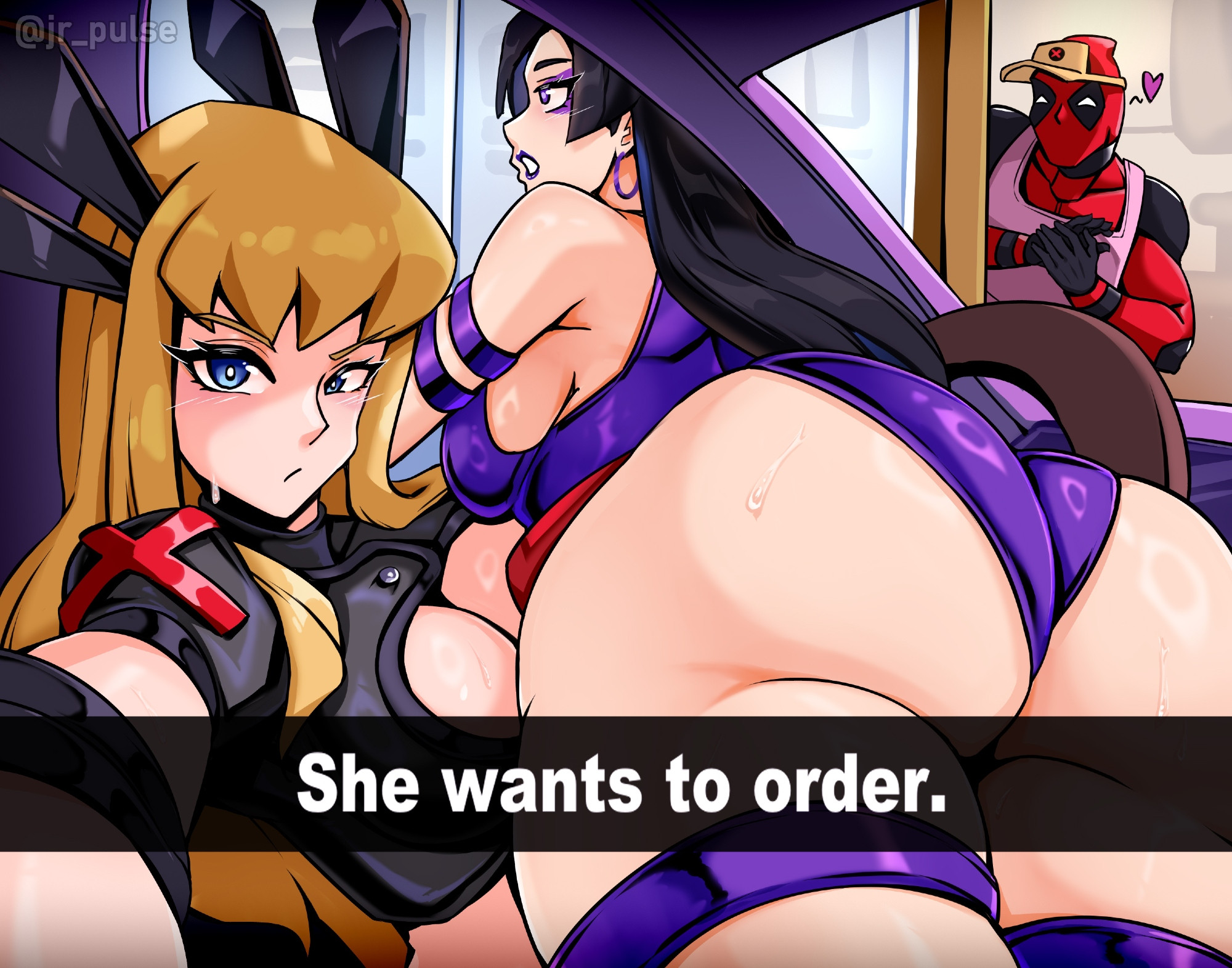 1boy, 2girls, artist signature, ass, ass focus, big ass, big breasts, black hair, blonde hair, blue eyes, breasts, car, deadpool, deadpool (series), earrings, english text, female, heart, hoop earrings, huge ass, jrpuls3, large ass, leotard, lipstick, long hair, looking at viewer, magik (illyana rasputin), magik (marvel rivals), male, marvel, marvel comics, marvel rivals, meme, psylocke, psylocke (sai) (vengeance), purple eyes, purple leotard, purple lips, purple lipstick, she wants to order, sideboob, sweat, text, x-men, yuri