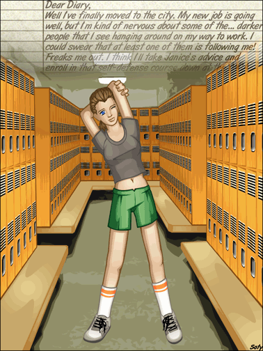 belly_button belly_peek blue_eyes brown_hair english_text female human human_to_anthro locker_room looking_at_viewer nipples_visible_through_clothing one_eye_closed skunk soty story stretching tight_shirt transformation