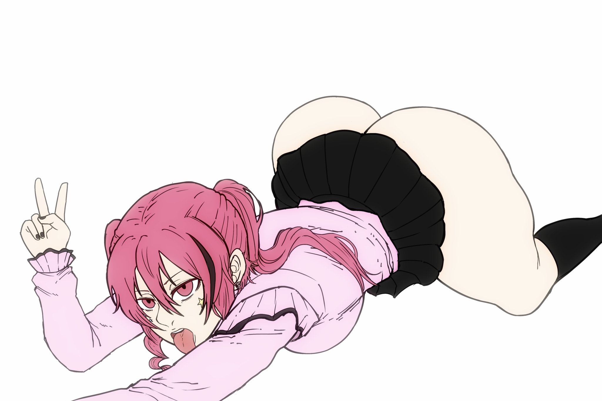 1girls, ass, ass in air, ass up, ass up face down, baddiesart, big ass, black nail polish, black nails, black skirt, black streaked hair, clothed, clothed female, commission, commissioner upload, face down ass up, fat ass, female, huge ass, large ass, looking at viewer, oc, on stomach, original, original character, peace sign, pink eyes, pink hair, pink shirt, pink topwear, plain background, short skirt, skirt, solo, sticker on face, sticking out tongue, teasing, teenage female, teenager, thicc, thick ass, tongue, tongue out, twintails, white background, yukina (chronomixist)