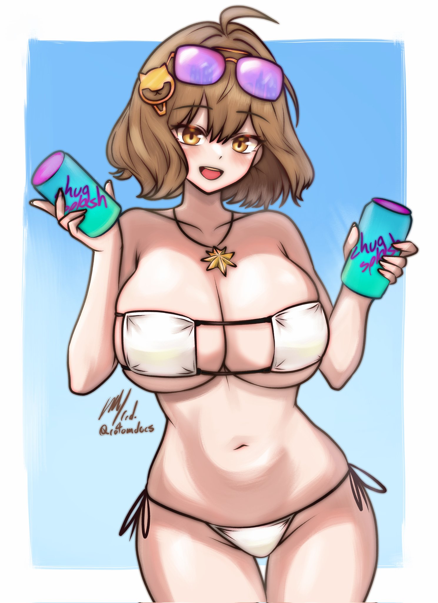 1girls, adult, adult female, ahoge, anis (nikke), anis (sparkling summer) (nikke), antenna hair, armpits, bare belly, bare chest, bare hands, bare hips, bare legs, bare midriff, bare navel, bare shoulders, bare skin, bare thighs, beer, beer can, belly, belly button, bikini, bikini bottom, bikini only, bikini top, breasts, brown eyebrows, brown eyes, brown hair, brown-eyed female, brown-haired female, busty, busty female, cleavage, closed mouth smile, coat, collarbone, curvaceous, curvaceous body, curvaceous female, curvaceous figure, curvaceous hips, curvaceous thighs, curvy, curvy body, curvy female, curvy figure, curvy hips, curvy thighs, dot nose, exposed belly, exposed chest, exposed hips, exposed legs, exposed midriff, exposed navel, exposed shoulders, exposed skin, exposed thighs, eyebrows visible through hair, female, female focus, female only, fingernails, fingers, goddess of victory: nikke, groin, hair between eyes, hair ornament, hair ornaments, half naked, half nude, head tilt, high resolution, highres, hourglass figure, jacket, large breasts, lean figure, legs, light skin, light-skined female, light-skinned female, looking at viewer, mature female, medium hair, midriff, naked, naked female, narrow waist, navel, necklace, nude, nude female, nudity, open coat, open jacket, open topwear, rotomdocs, semi nude, short hair, shoulders, side-tie bikini, simple background, slender body, slender waist, slim female, slim waist, smile, smiley face, smiling, smiling at viewer, smirk, smooth skin, solo, standing, string bikini, sunglasses, sunglasses on forehead, sunglasses on head, swimsuit, swimwear, thick thighs, thigh gap, thighs, thin waist, tilted head, topwear, upper body, v-line, white background, white bikini, white bikini bottom, white bikini only, white bikini top, white string bikini, white swimsuit, white swimwear, wide hips