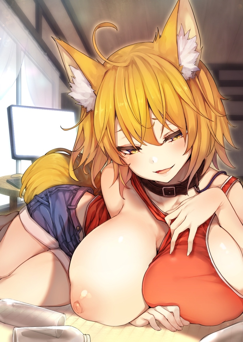 :d, ahoge, animal ear fluff, animal ears, bangs, blonde hair, blush, bottle, breasts, collar, denim, denim shorts, eyebrows visible through hair, female, fox ears, fox tail, huge breasts, leash, long hair, looking at viewer, nipples, oerba yun fang, one breast out, open mouth, original, shorts, sidelocks, skin fang, smile, solo, tail, tank top, tatami, yellow eyes