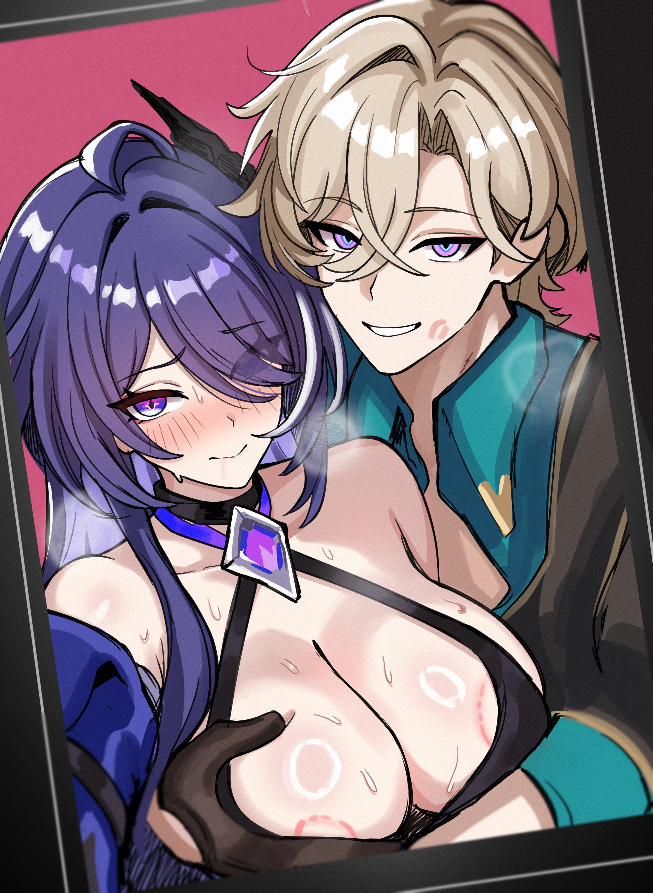 1boy, 1girls, 2025, acheron (honkai: star rail), aventurine (honkai: star rail), bare shoulders, bite mark, bite mark on breast, bite marks, blonde hair, blush, breasts, clothed, clothed female, clothed male, eyebrows visible through hair, female, female/male, grabbing another's breast, hair over one eye, hetero, honkai (series), honkai: star rail, hoyoverse, kiss mark, large breasts, light skin, light-skinned female, light-skinned male, long hair, looking at viewer, male, mihoyo, mini2chainz, netorare, purple eyes, purple hair, selfie, simple background, smile, straight, sweat, very high resolution