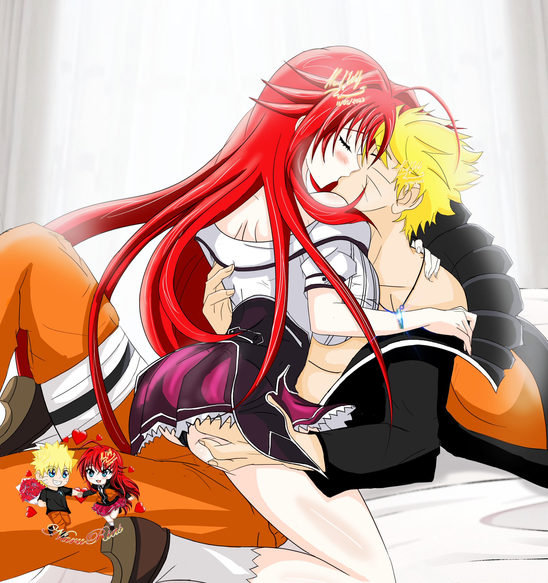 1boy, 1girls, ass, bed, bedroom, before sex, big ass, big breasts, blonde hair, breasts, cheating, couple, cowgirl position, crossover, curvaceous, curvy, curvy figure, duo focus, female, hi res, high school dxd, howlofwolfpassionart, indoors, jacket, jewelry, kissing, long hair, lying on back, lying on bed, male, male/female, naruto, naruto (series), naruto shippuden, necklace, open clothes, panties, pants, red hair, rias gremory, romantic, romantic couple, shirt, sitting on person, skirt, straddling, straight, underwear, undressing, uzumaki naruto, very long hair, wholesome