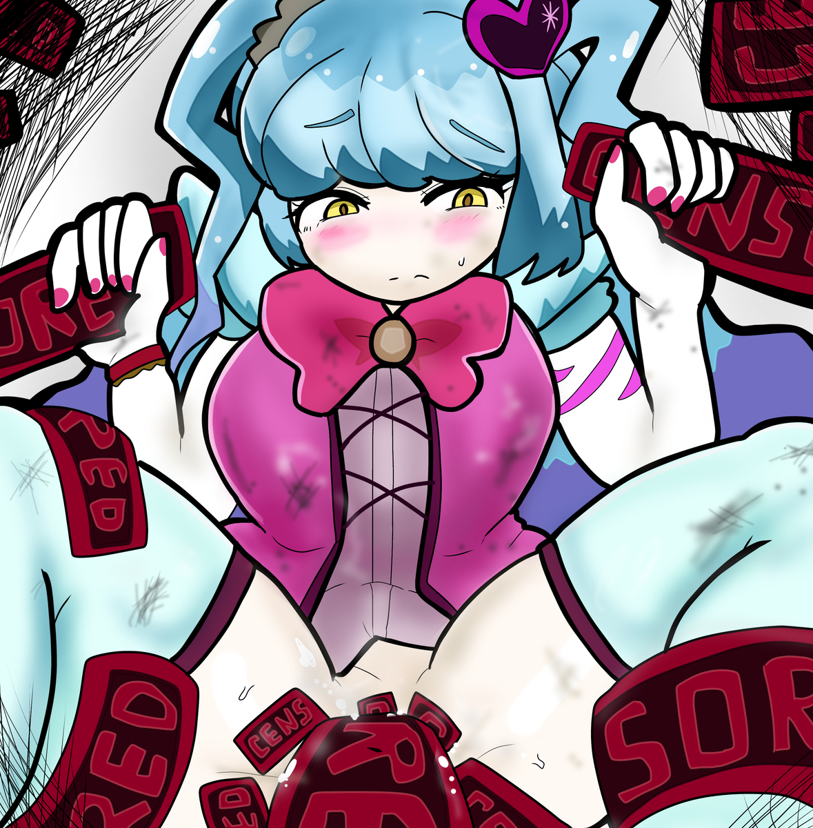 1girls, abnormality (project moon), arm tattoo, artist request, blue hair, blush, bottomless, breasts, censored (lobotomy corporation), clothed, damaged clothes, defeated, defeated heroine, double handjob, dress, feet out of frame, female, forced, forced handjob, frilled dress, gradient hair, hair ornament, handjob, heart hair ornament, legs held open, lobotomy corporation, magical girl, pale skin, pink ribbon, pink tattoo, project moon, pussy, queen of hatred, rape, restrained, sex, simple background, small breasts, spread legs, stockings, sweat, tentacle, tentacle penetration, tentacle rape, tentacle sex, two side up, vaginal penetration, yellow eyes