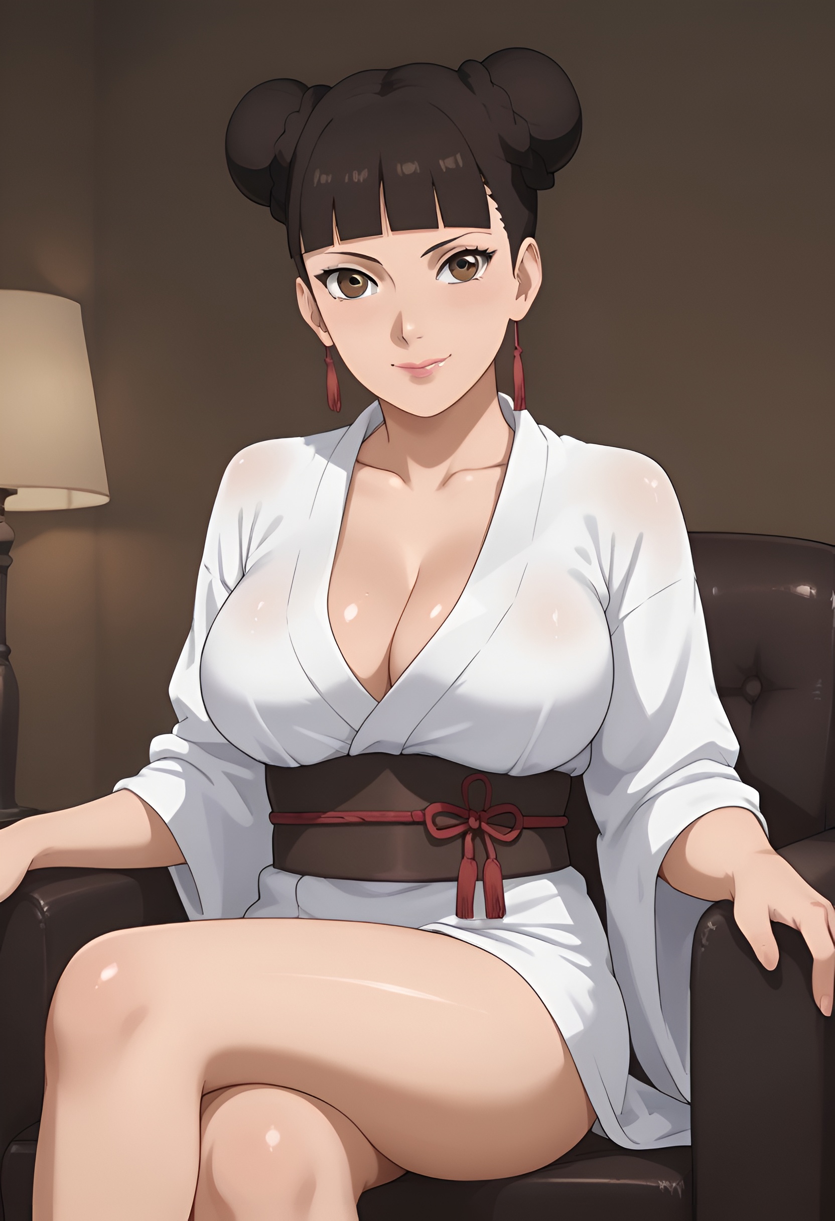 1girls, ai generated, alternate costume, arm support, bare legs, bare thighs, big breasts, blunt bangs, blush, boruto: naruto next generations, bottomless, breasts, brown eyes, brown hair, cleavage, collarbone, crossed legs, curvaceous, curvy, curvy figure, double bun, earrings, female, female focus, female only, iona skorp, japanese clothes, jewelry, kimono, living room, looking at viewer, mature female, milf, naruto, naruto (series), no bra, no panties, obi, pinup, sash, sitting, sitting on sofa, slim waist, smile, sofa, solo, tenten, thighs, yukata