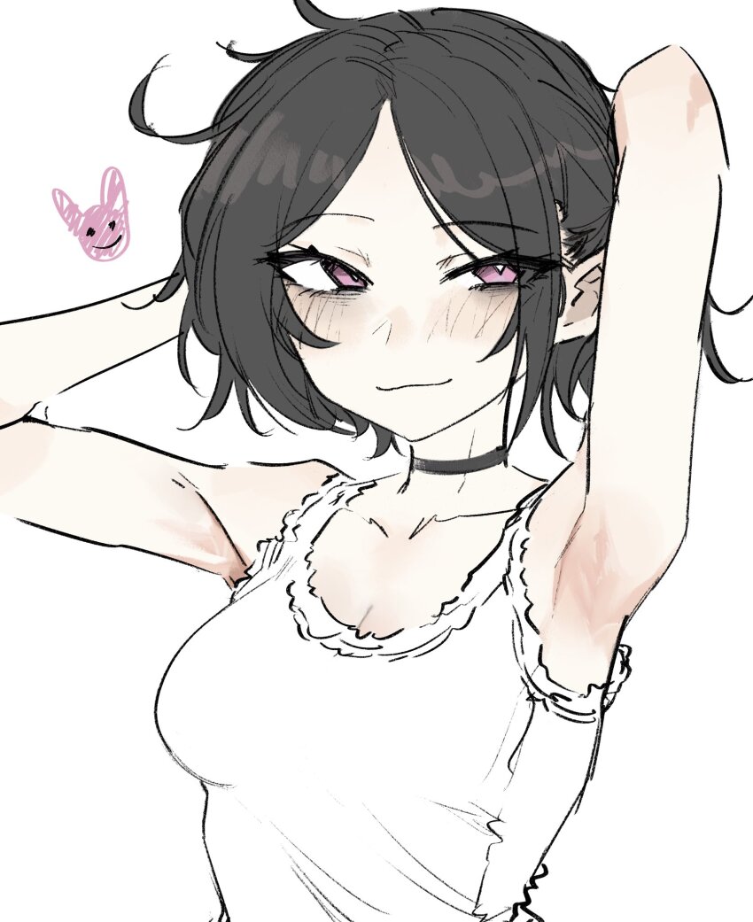 armpits, arms behind head, arms up, ashley graves, bare arms, bare shoulders, black choker, black hair, breasts, choker, collarbone, commentary, english commentary, eyes visible through hair, female, highres, medium breasts, nabibutter, pink eyes, shirt, short hair, simple background, sleeveless, sleeveless shirt, smile, solo, the coffin of andy and leyley, upper body, white background, white shirt, xcider