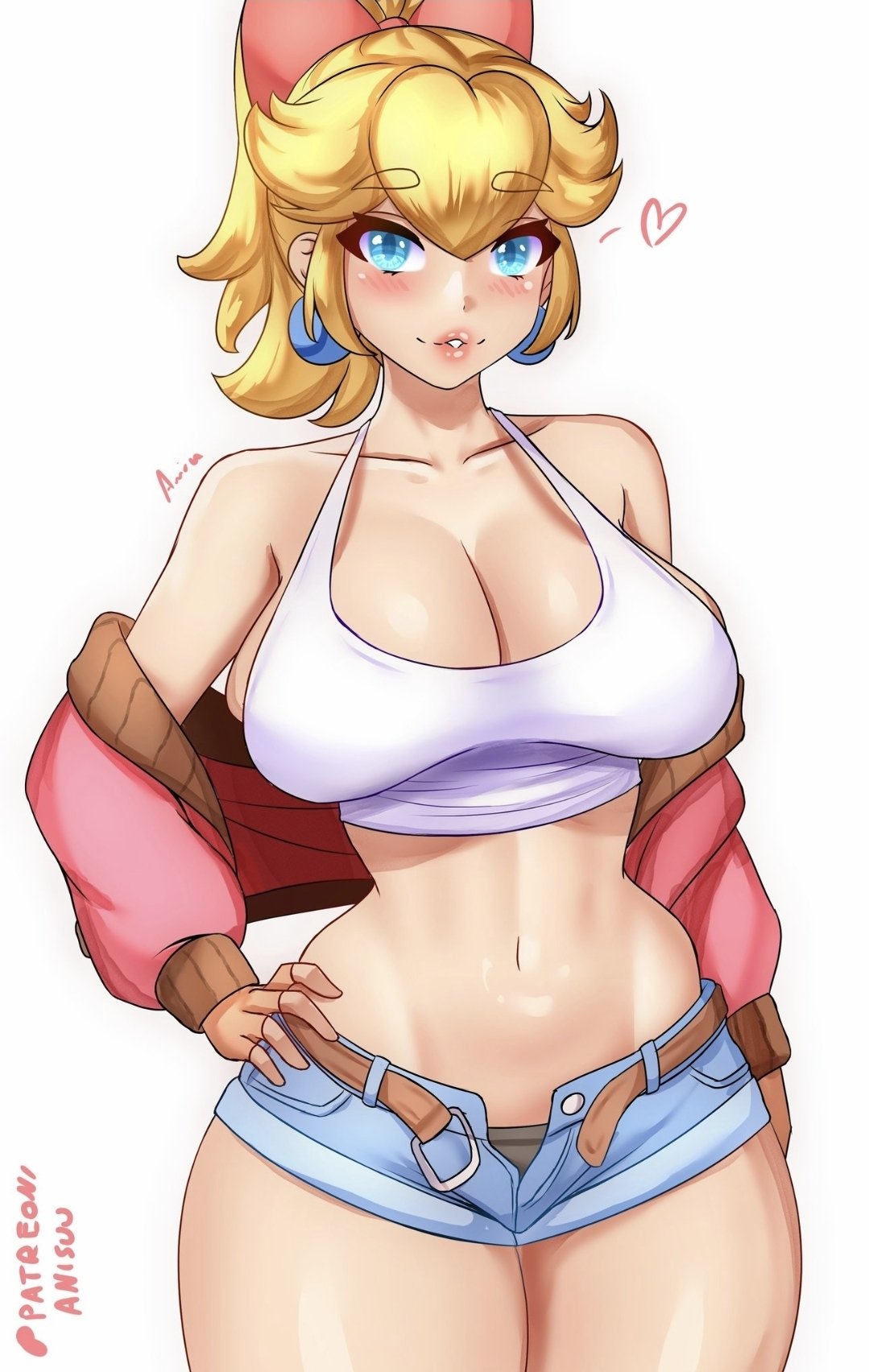 1girls, alternate hairstyle, anisdrawn, big breasts, blonde hair, blue eyes, breasts, busty, child bearing hips, confident, female, female focus, female only, hair ribbon, hand on hip, hi res, large breasts, legs, light skin, light-skinned female, long hair, looking at viewer, mario (series), massive breasts, midriff, navel, parted lips, ponytail, princess peach, short shorts, shorts, smile, solo, thick thighs, thighs, toned, white background, wide hips