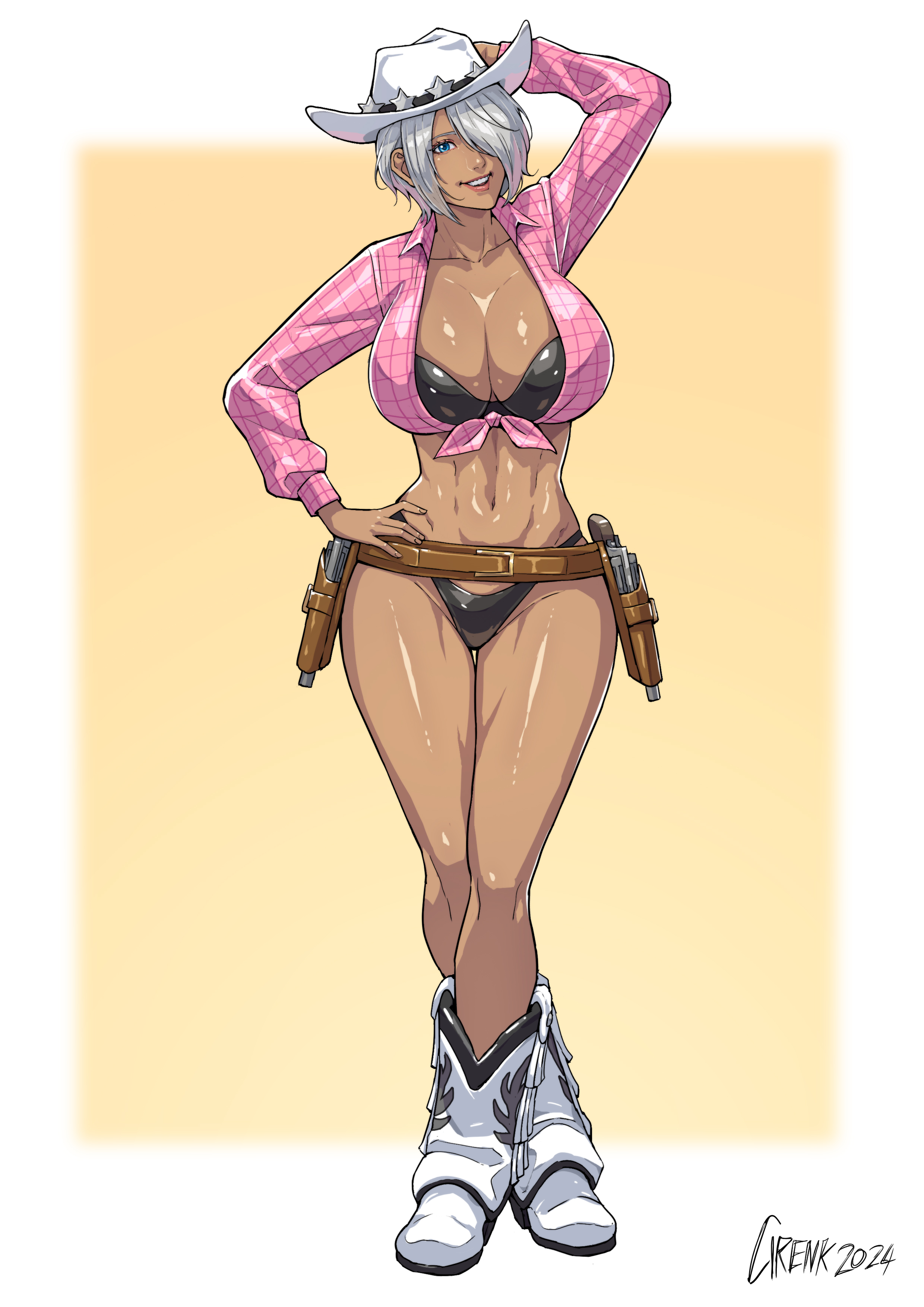  breasts, angel (kof), boots, bra, breasts, cirenk, cleavage, cowboy boots, cowboy hat, female, gun, hat, holster, holstered weapon, king of fighters, revolver, short hair, silver hair, snk, thong, tied shirt