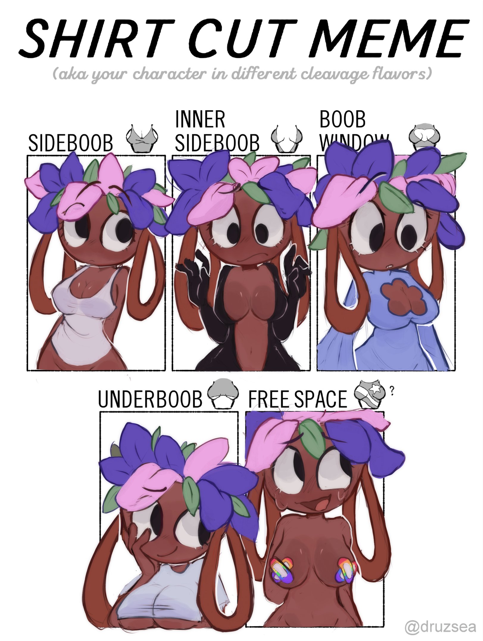 bandaids on nipples, bassie (dandy's world), boob window, breasts, dandy's world, female, inner sideboob, kislix, meme, revealing clothes, shirt cut meme, sideboob, solo female, sweat, template, underboob