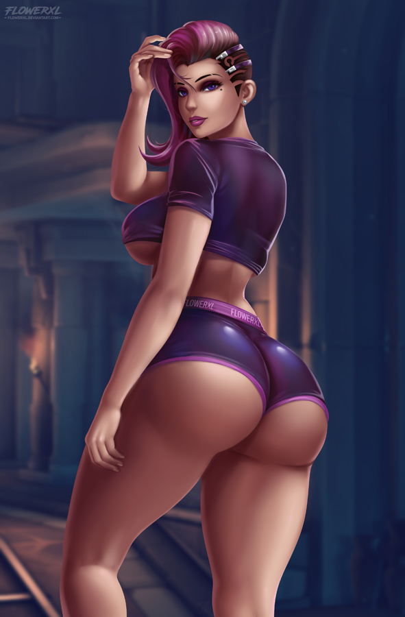 1girls, ass, big ass, big breasts, blizzard entertainment, breasts, cleavage, dark skin, dark-skinned female, female, female only, flowerxl, large breasts, latina, looking at viewer, looking back, overwatch, solo, sombra, video games
