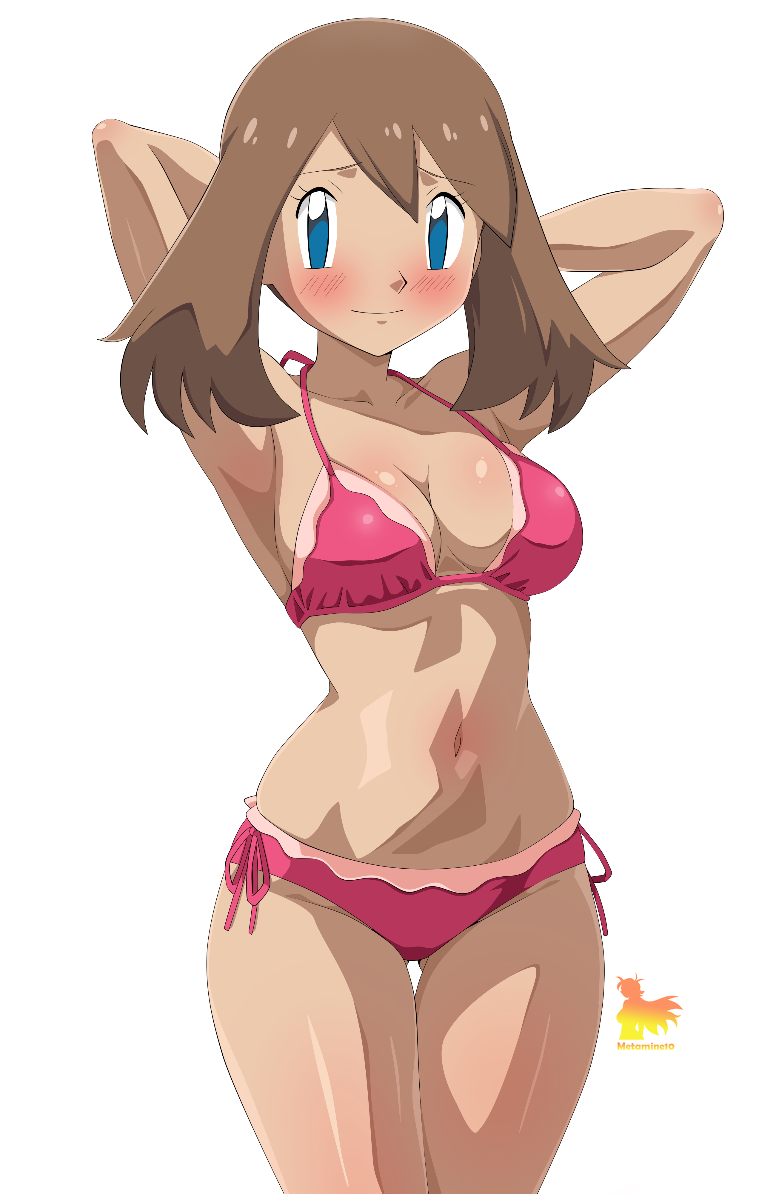 1girls, absurd res, alluring, arms behind head, bikini, blue eyes, blush, brown hair, cleavage, closed mouth, collarbone, commentary request, cowboy shot, eyelashes, female, female only, hands up, high res, looking at viewer, may (pokemon), medium hair, metamine10, metaminegl, navel, nintendo, pink bikini, pokemon, pokemon (anime), pokemon rse (anime), pokemon: lucario and the mystery of mew, side-tie bikini bottom, simple background, smile, solo, solo female, spanish commentary, swimsuit, watermark, white background