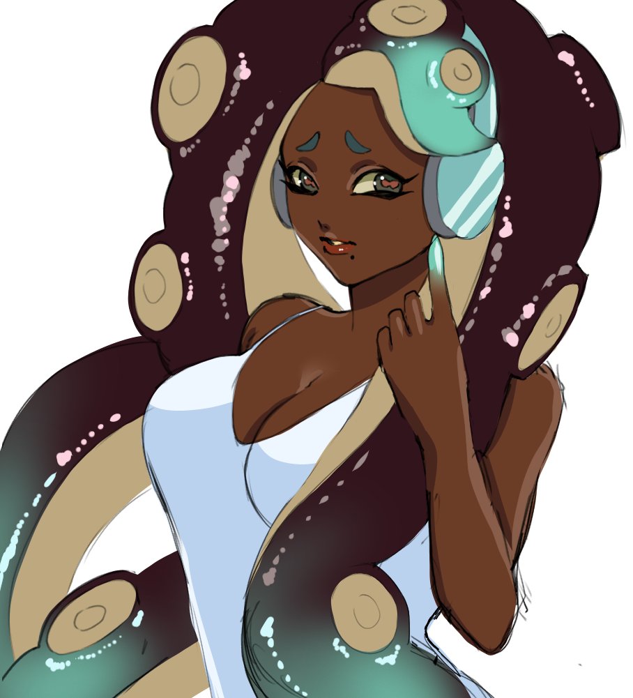 1girls, cleavage, clothed, clothing, dark skin, dark-skinned female, female, halfbody, hybrid, lewa nn, marina (splatoon), octoling, off the hook (splatoon), peak, splatoon, splatoon 2, white dress