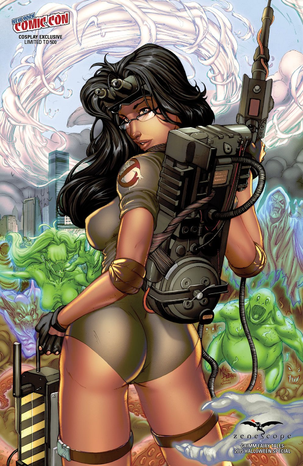 1girls alternate_costume ass back back_view big_breasts black_gloves black_hair blue_eyes bodysuit breasts bubble_ass bubble_butt busty comic_cover cosplay dat_ass demons eye_contact female female_only ghostbusters glasses gloves goggles grey_bodysuit grimm_fairy_tales_zenescope gun halloween halloween_costume holding_gun holding_object holding_weapon ivan_nunes large_breasts long_hair looking_at_viewer looking_back looking_back_at_viewer mike_debalfo official_art pink_lips pinup proton_pack sci-fi sela_mathers skintight solo solo_female solo_focus standing tan tan_body tan_skin text thick_ass thighs tight_clothes tight_clothing tight_pants tight_shirt toned toned_body toned_female zenescope