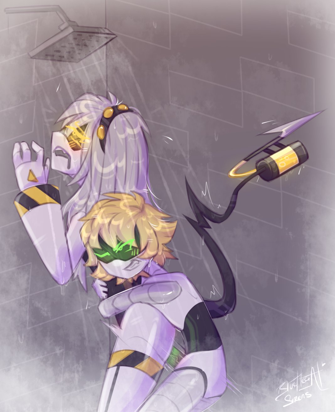 artist signature, blonde hair, blush, blush lines, blushing female, blushing male, defeat sex, defeated, defeated with sex, fanfic art, female, femsub, fucked into submission, glitch productions, green eyes, green peni, green penis, hair down, hornstarkitty, j (murder drones), long hair, male, male penetrating female, male/female, maledom, maledom/femsub, murder drones, nude, nude female, nude male, penetration, penetration from behind, penis, pinned to wall, robot, robot boy, robot girl, robot humanoid, short male, shower, steam, submission, submissive female, taller female, thad (murder drones), veiny penis, yellow eyes