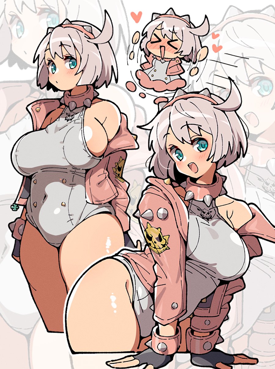 ass, blue eyes, breasts, elphelt valentine, female, fingerless gloves, guilty gear, guilty gear strive, itsuka neru, leather jacket, leotard, sideboob, spiked bracelet, spiked collar, spiked headband, thick thighs, thighs, white hair