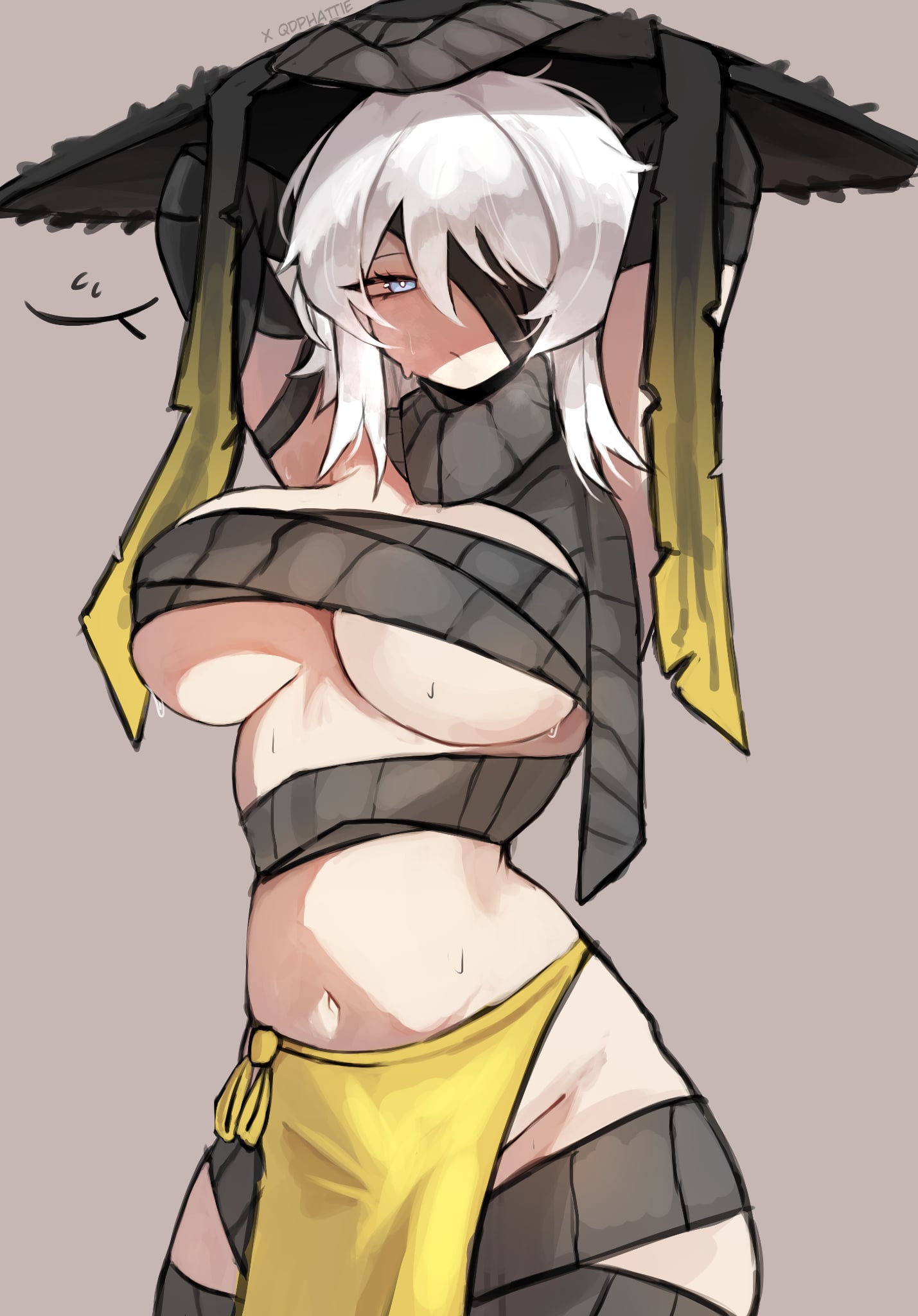 1girls, bamboo hat, bandage, blue eyes, breasts, faust (limbus company), female, heishou pack-mao branch (identity) (project moon), large breasts, limbus company, one eye covered, project moon, qdphattie, scarf, solo female, tagme, white hair