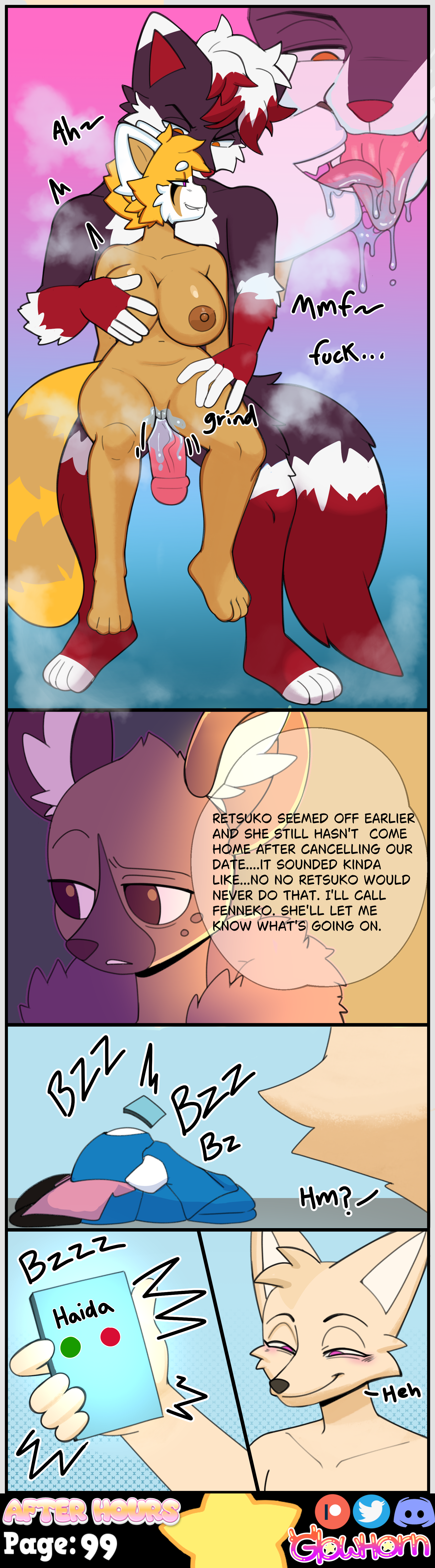 absurd res, after sex, aggressive retsuko, aggretsuko, ailurid, anthro, artifact the fox, big breasts, big ears, big penis, bite, biting lip, biting own lip, black body, black fur, blue clothing, blue shirt, blue topwear, blush, bodily fluids, brainwashed, brainwashing, breast grab, breasts, brown body, brown eyes, brown fur, brown nose, buzzing, canid, canine, cheating, cheating (relationship), cheating wife, cheek tuft, clothed, clothes pile, clothing, comic, comic page, corrupted, corruption, cuckold, dialogue, dominant, dominant male, dripping, duo, electronics, evil face, evil grin, evil look, excited, excited expression, eyeliner, eyeshadow, facial tuft, female, femsub, fennec fox, fenneko, floor, fox, french kissing, frown, fur, furry, genital fluids, genitals, glowhorn, grinding, grinding on penis, group, haida, haida (aggretsuko), hair, hand on breast, head tuft, hi res, holding object, holding phone, hyena, hypnosis, infidelity, jacket, kissing, larger male, licking, looking back, looking down, looking pleasured, looking worried, makeup, male, male/female, maledom, mammal, mascara, mind alteration, mind control, netorare, nipples, nude, office clothing, on lap, open mouth, orange body, orange eyes, orange fur, penis, personality change, phone, phone call, phone screen, pink clothing, pink eyes, pink shirt, pink topwear, pussy, red body, red fur, red hair, red nose, red panda, retsuko, saliva, saliva drip, saliva on face, saliva on tongue, saliva string, sanrio, self bite, sex, sharp teeth, shirt, short stack, simple background, sitting, sitting on lap, size difference, sloppy kiss, smaller female, smile, smirk, smug, smug face, steam, submissive, submissive female, suspicious, tail, tan body, tan fur, teeth, tongue, tongue out, topwear, true fox, tuft, vaginal fluids, vein, veiny penis, wet, wet penis, white body, white fur, white hair