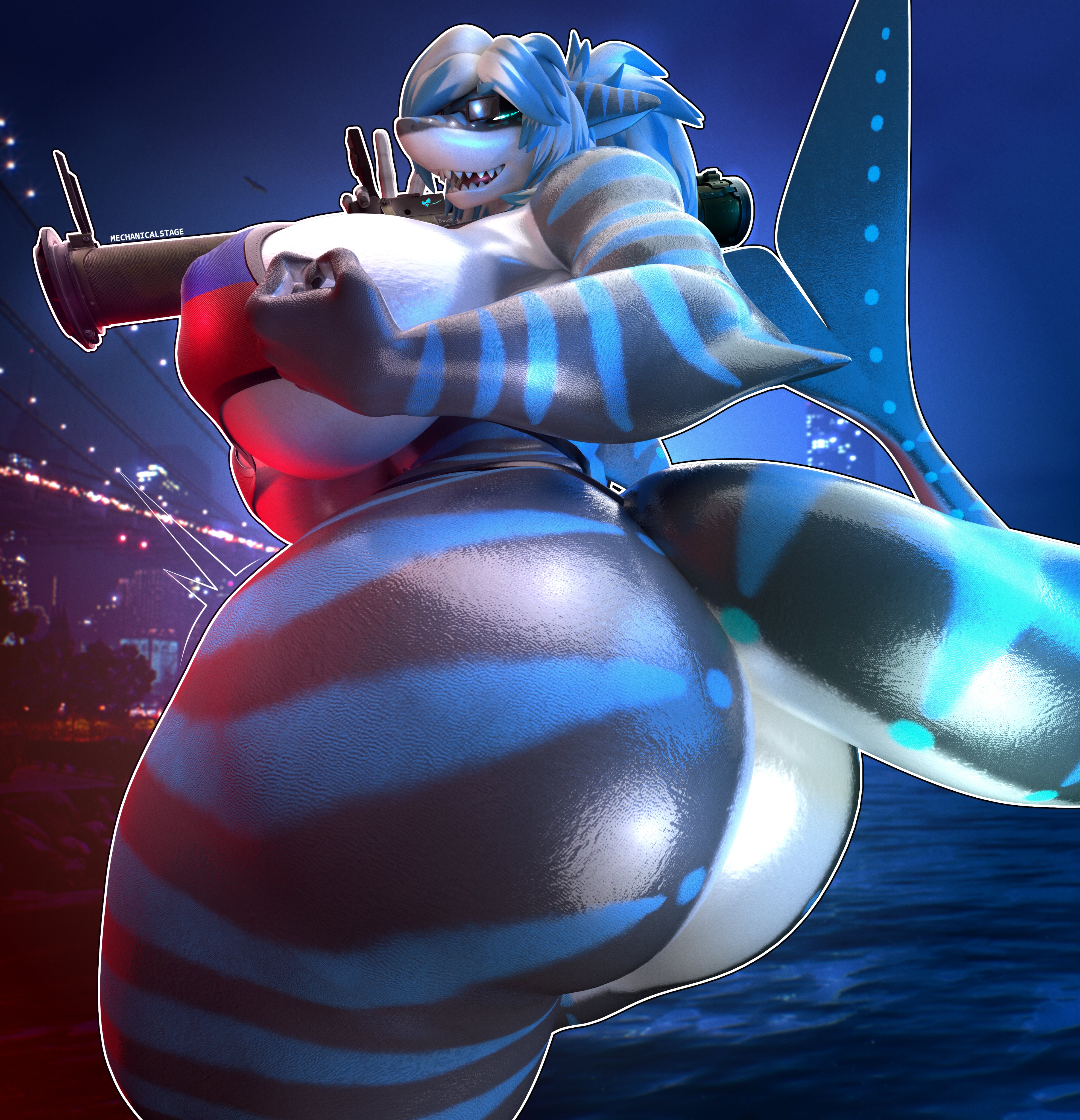 1girls, ass, big ass, big breasts, breasts, female, female only, huge ass, huge breasts, mechanicalstage, mostly nude, muscular, muscular female, nika sharkeh, shark, shark girl, solo