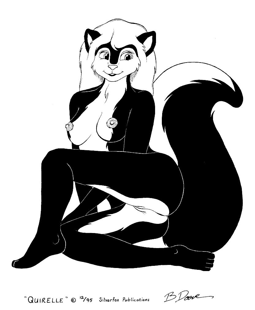 1990s 1995 20th_century anthro bernard_doove black_and_white breasts female mammal mephitid monochrome nipples nude skunk solo