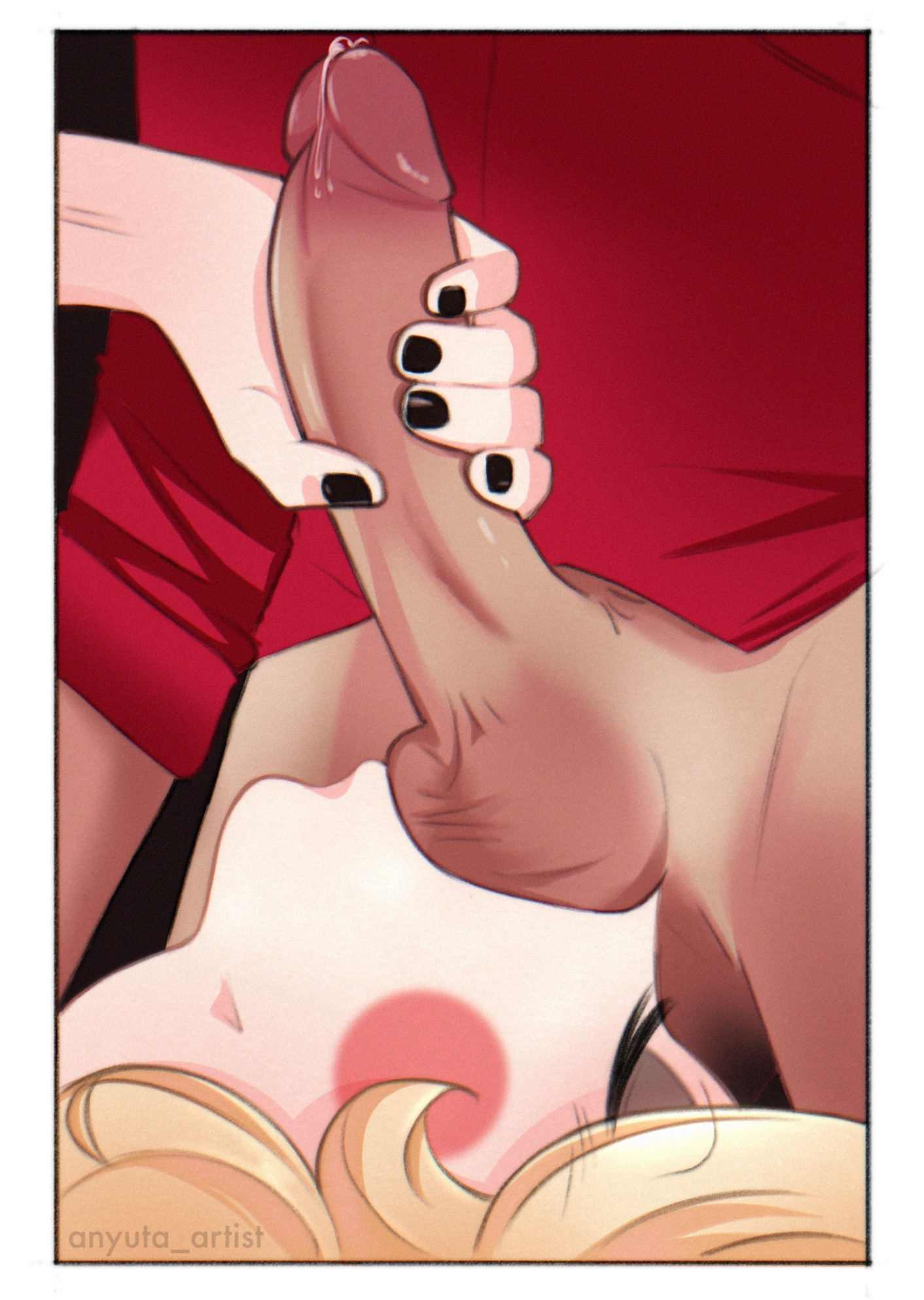 alastor (hazbin hotel), anyuta artist, artist name, balls, big penis, bottomless male, charlie morningstar (hazbin hotel), closed eyes, erection, fellatio, fit male, handjob while sucking, hazbin hotel, leaking precum, male, oral, penis, pleasure face, precum, precum drip, stroking penis, sucking balls, upside-down