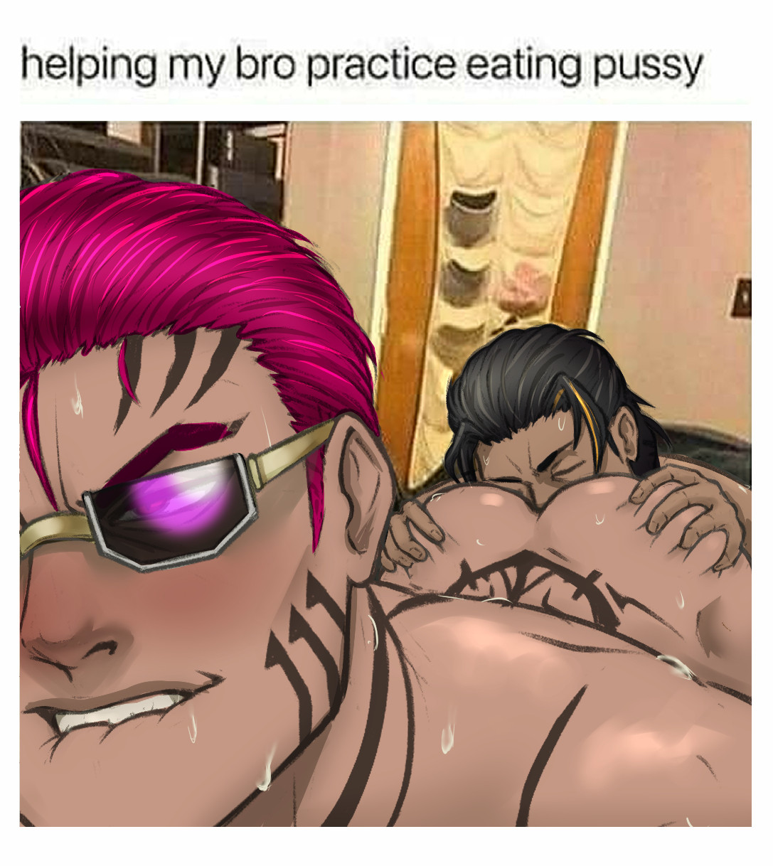 2boys, about to burst, about to cum, ass, backshots, bara, cumdump, eating pussy, fat ass, gay, helping my bro practice eating pussy (meme), horny, ki-nung, lei heng (limbus company), limbus company, loving it, male, male only, meat toilet, muscular, muscular male, pink hair, project moon, ricardo (limbus company), sunglasses, tatooine, wholesome, yaoi