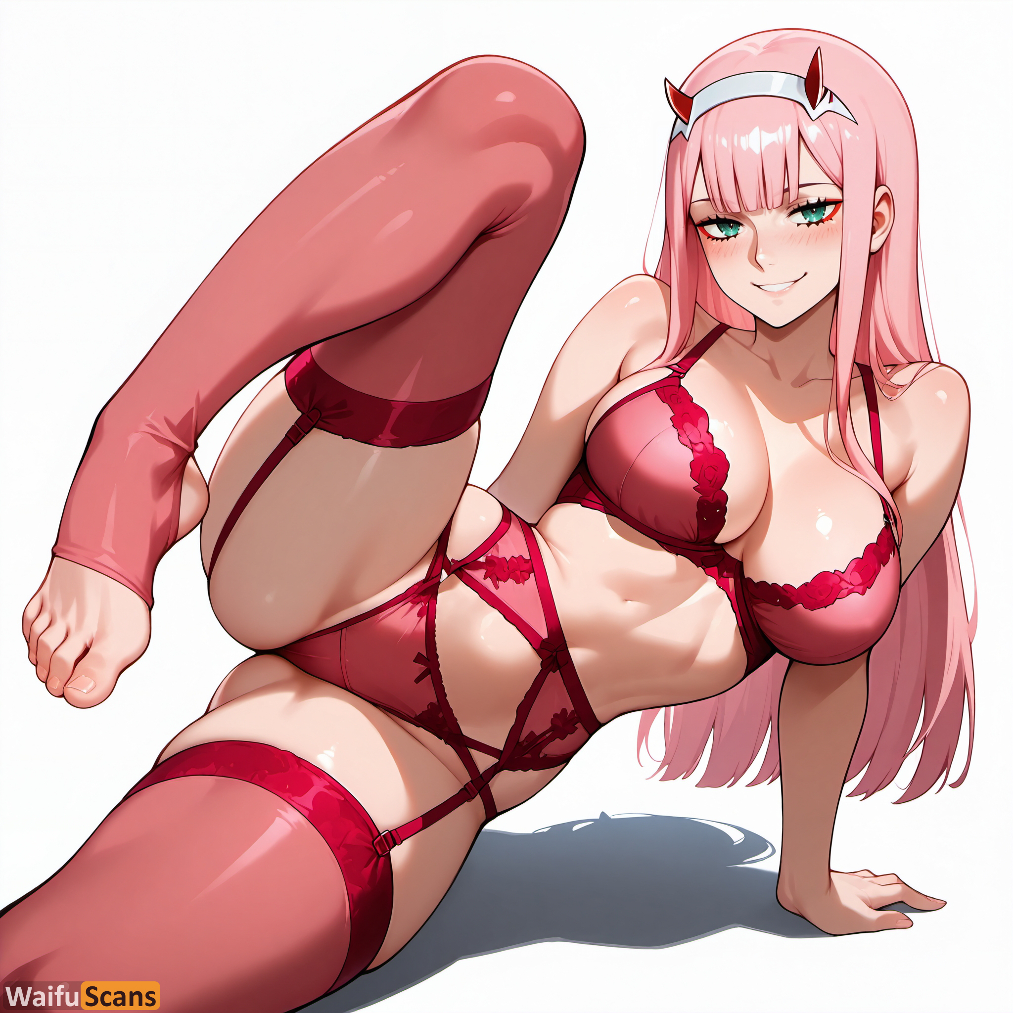 ai generated, arm support, bangs, bare shoulders, blush, bra, breasts, cleavage, collarbone, darling in the franxx, eyeshadow, feet, female, garter belt, green eyes, grin, hairband, high resolution, highres, horns, large breasts, lingerie, long hair, looking at viewer, makeup, navel, panties, pink hair, pink panties, pink thighhighs, red bra, red panties, shiny, shiny skin, simple background, smile, solo, spread legs, stable diffusion, stirrup legwear, thighhighs, thighs, toeless legwear, toes, underwear, underwear only, waifuscans418, white background, white hairband, zero two (darling in the franxx)