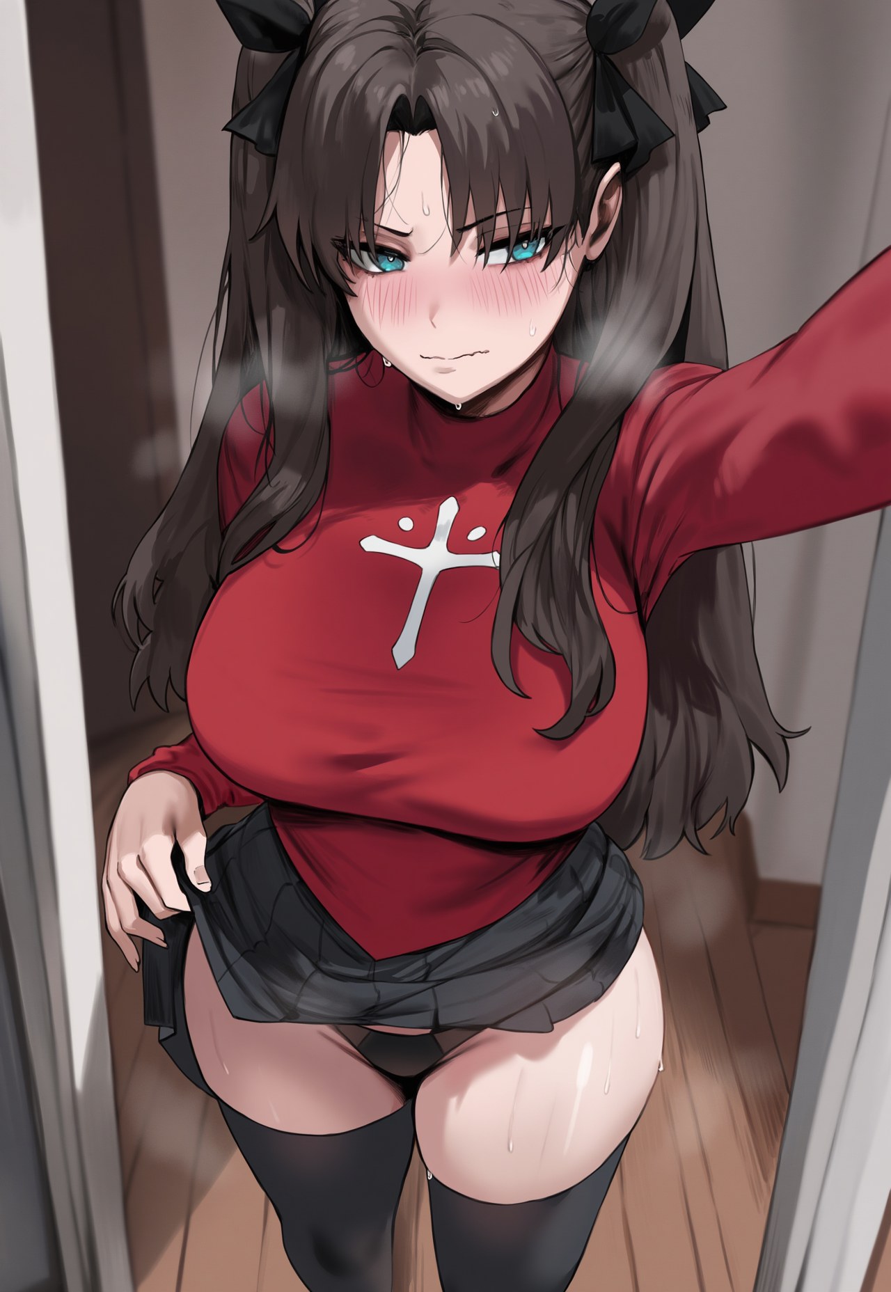 1girls, ai generated, black hair, black legwear, black skirt, blue eyes, blush, breasts, embarrassed, embarrassed female, fate (series), fate/grand order, fate/stay night, female, female only, flashing, furrowed eyebrows, hair ornament, heavy breathing, huge breasts, lifting shirt, light-skinned female, looking away, panties, red clothing, selfie, skirt, solo, thighhighs, tohsaka rin, truck kun, truck-kun art, twintails, wavy mouth