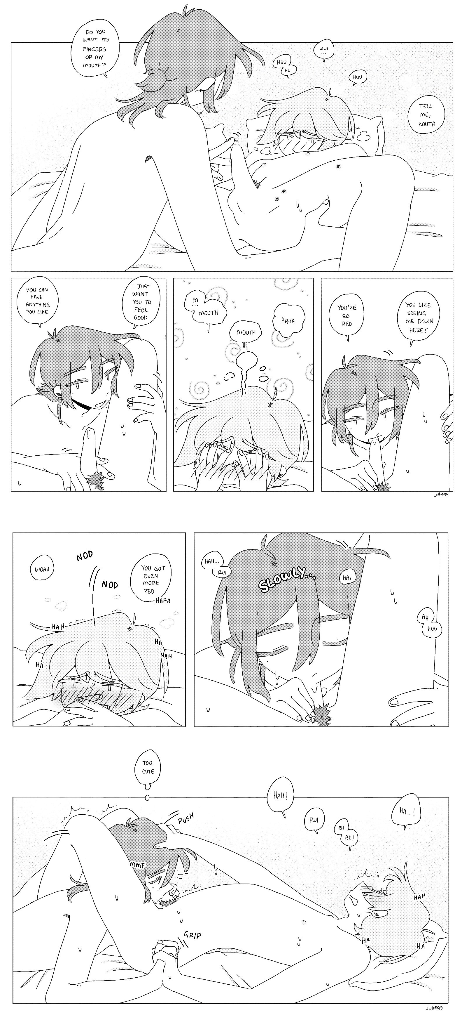 2boys, ahoge, arched back, artist name, balls, bed, bed sheet, between legs, blonde hair, blush, blushing profusely, brown hair, closed eyes, comic, covering face, dialogue, ear piercing, earrings, embarrassed, english text, erect nipples, erection, eyebrows visible through hair, fellatio, flustered, full-face blush, greyscale, half-closed eyes, hand on another's head, hand on another's thigh, holding hands, imminent fellatio, imminent oral, imminent sex, juliegg, kiss mark, kouta (juliegg), looking at another, looking at partner, looking pleasured, lying, lying on back, lying on bed, lying on stomach, male, male nipples, male only, male pubic hair, mischievous smile, moaning, mole, mole on arm, mole on neck, mole under eye, mole under mouth, monochrome, nipples, original, penis, precum, precum drip, precum on penis, pubic hair, romantic, romantic couple, rui (juliegg), saliva, saliva on penis, side view, smile, sound effects, speech bubble, spread legs, sweat, sweatdrop, teasing, thigh grab, thought bubble, tied hair, touching penis, unseen male face, watermark, white background, wholesome, yaoi