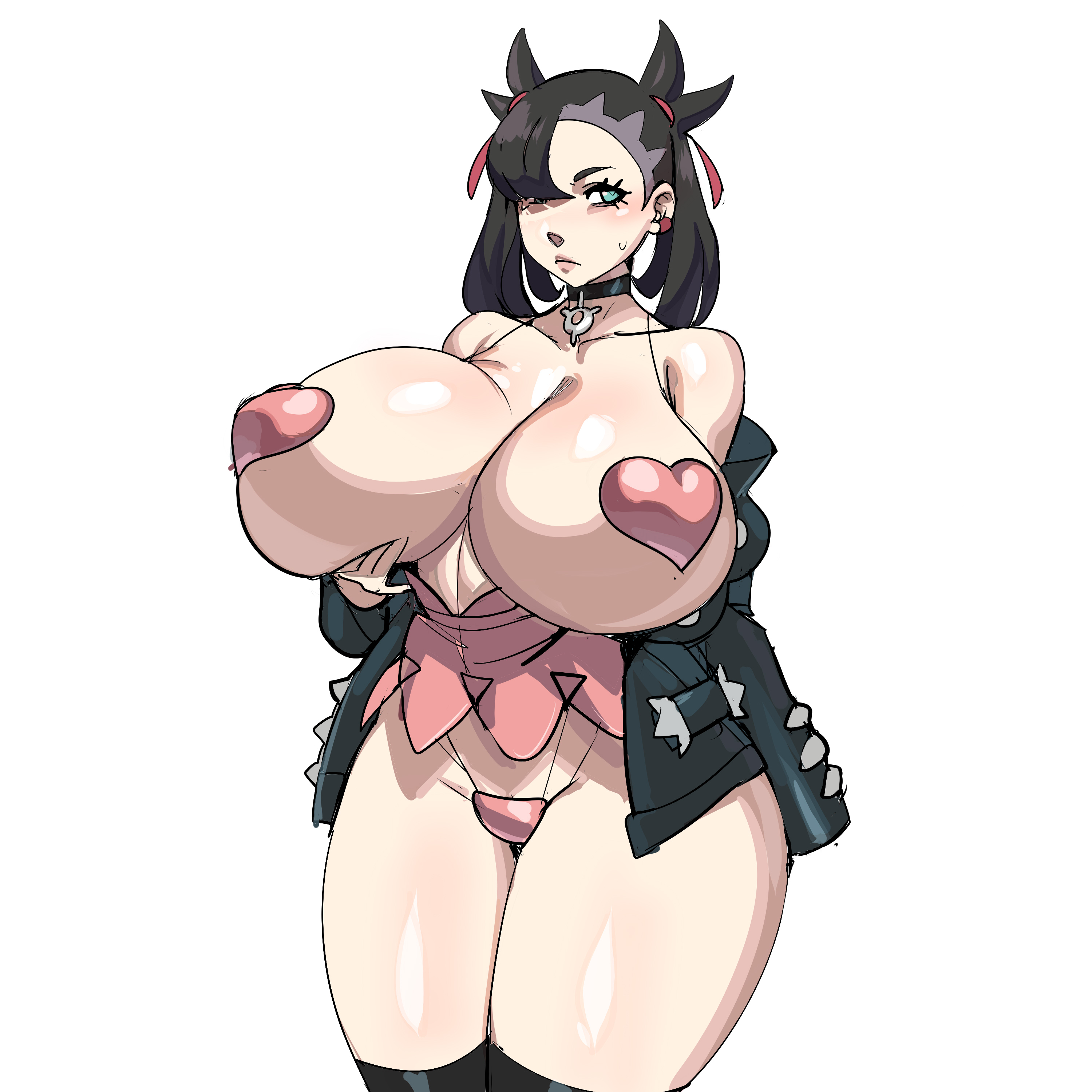1girls, alternate breast size, ass, big ass, black hair, blue eyes, blush, breasts, breasts out, choker, clothed, dress, earrings, eye contact, female, female only, gothic, hair over one eye, half-closed eyes, heart pasties, huge ass, huge breasts, human, jacket, looking at viewer, maniacpaint, marnie (pokemon), naughty face, nintendo, panties, pasties, pink dress, pink heart pasties, pink panties, pink pasties, pokemon, pokemon ss, pose, seductive, solo, standing, sweat, thick thighs, thighhighs, twintails, white background, wide hips