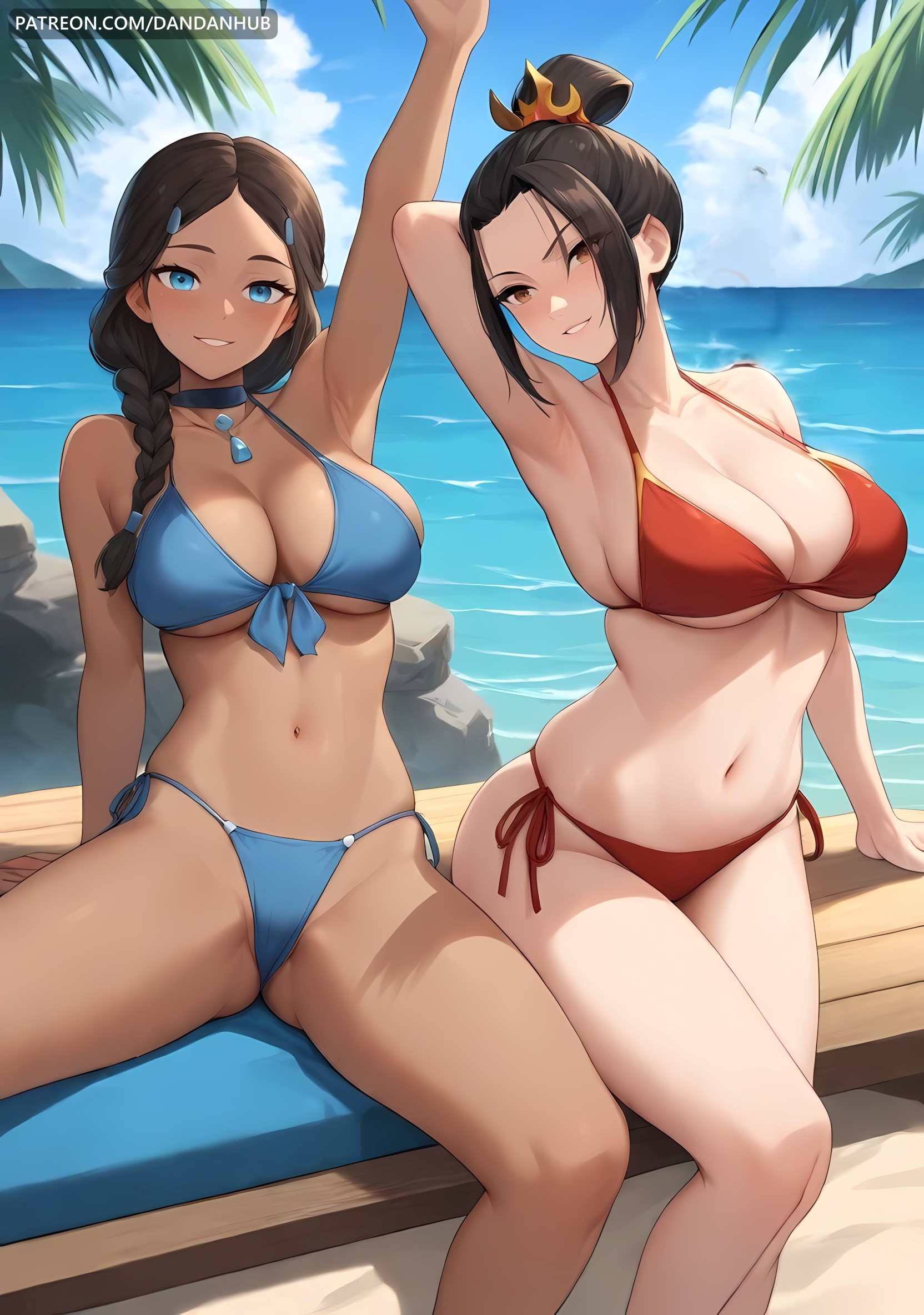 2girls, ai generated, arm up, armpits, avatar legends, avatar the last airbender, azula, bangs, bare shoulders, beach, bikini, black hair, blue bikini, blue eyes, blue sky, blush, braid, breasts, brown eyes, choker, cleavage, collarbone, dandanhub, dark skin, dark-skinned female, day, female, female only, forehead, front-tie top, grin, hair bun, hair ornament, hairclip, katara, large breasts, long hair, looking at viewer, multiple females, multiple girls, navel, ocean, outdoors, parted lips, red bikini, side-tie bikini bottom, single braid, sitting, sky, smile, stomach, string bikini, swimsuit, thighs, water