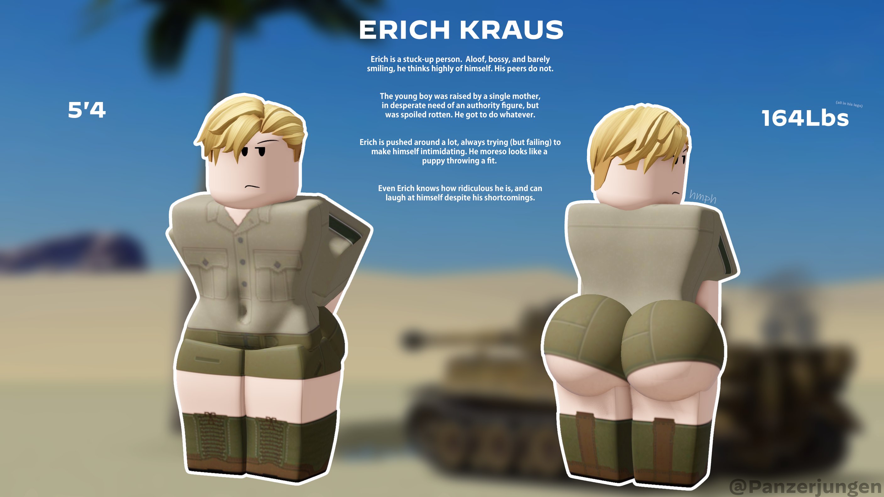 1boy, 2025, 3d, angry, arms crossed, ass, big ass, big butt, blonde hair, boots, bubble ass, bubble butt, character sheet, clothed, crossed arms, curvy, cute, desert, english text, erich kraus, femboy, frown, fully clothed, german male, hands behind back, huge ass, huge butt, knee boots, male, male only, military, military uniform, original character, outside, panzerjungen, pout, reference sheet, roblox, robloxian, shorts, solo, standing, text, thick, thick ass, thick thighs, twitter username, voluptuous