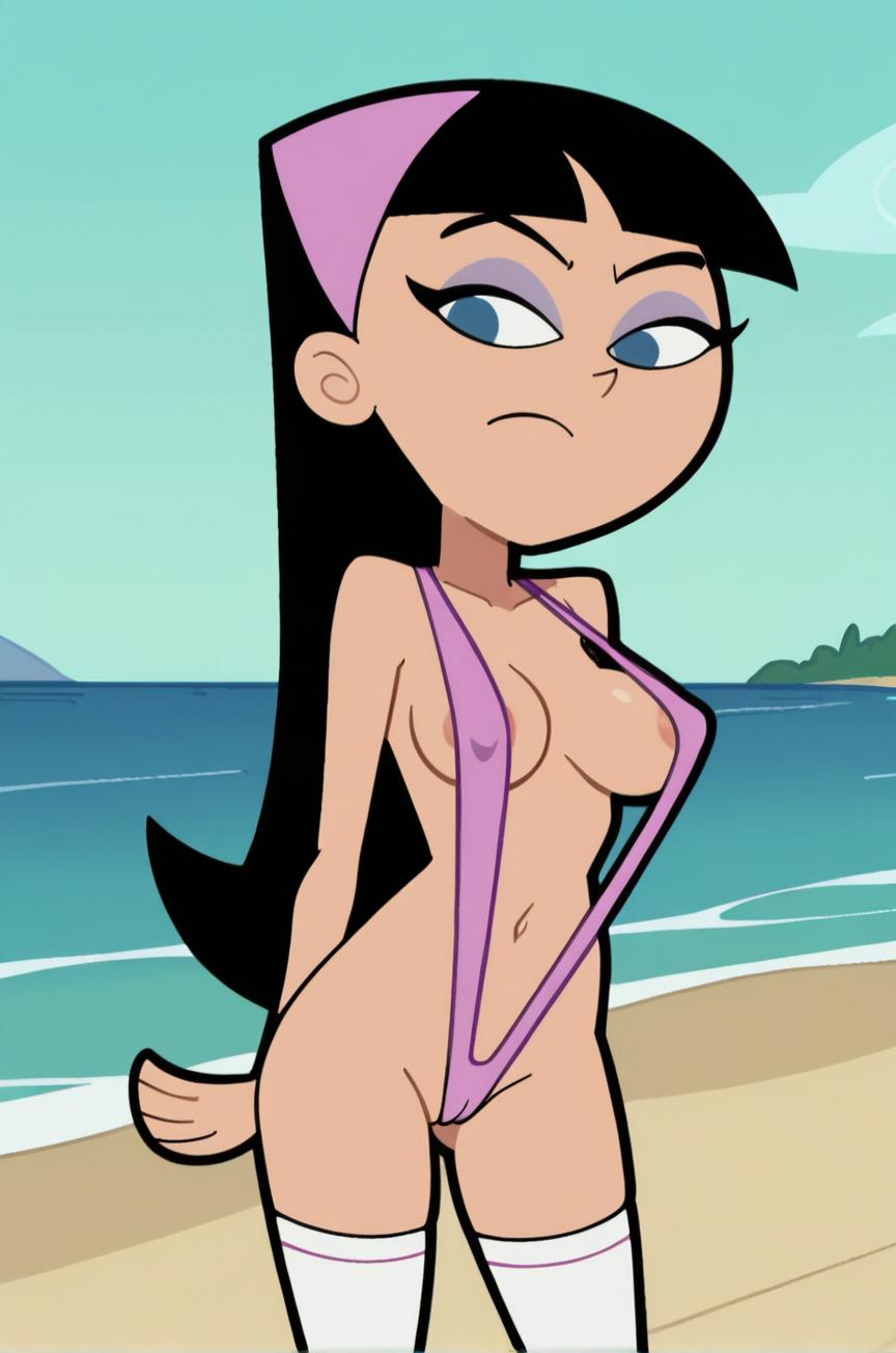 ai generated, areola slip, areolae, beach, black hair, blue eyes, breasts, covered nipples, day, female, long hair, medium breasts, navel, ocean, slingshot swimsuit, solo, swimsuit, the fairly oddparents, thighhighs, trixie tang, water
