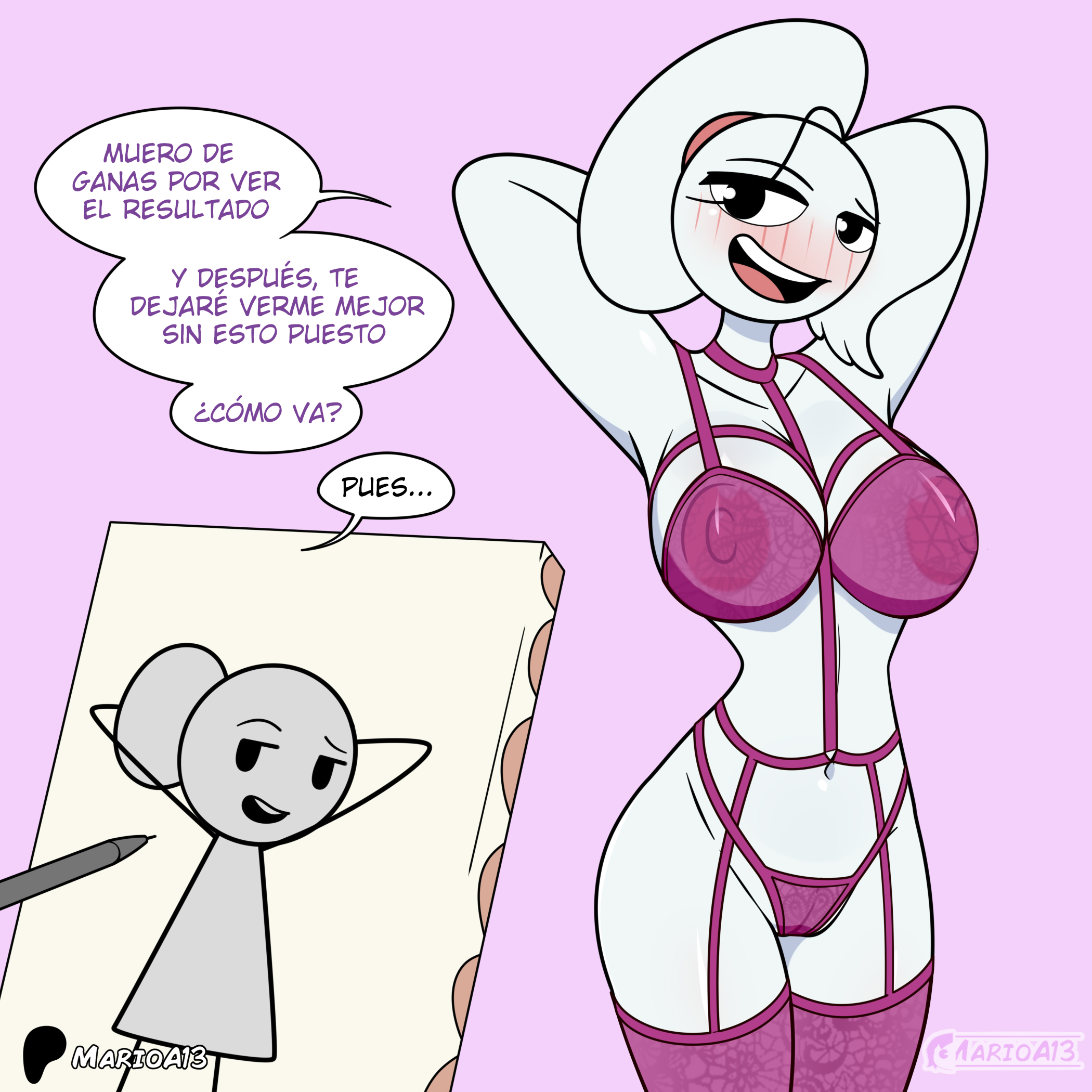 2d, areolae, big breasts, bra, breasts, carla, carla en la oficina, female, karla, lingerie, marioa13, nipples, panties, patreon, patreon logo, patreon username, pinture, spanish text, stickman, stickwoman