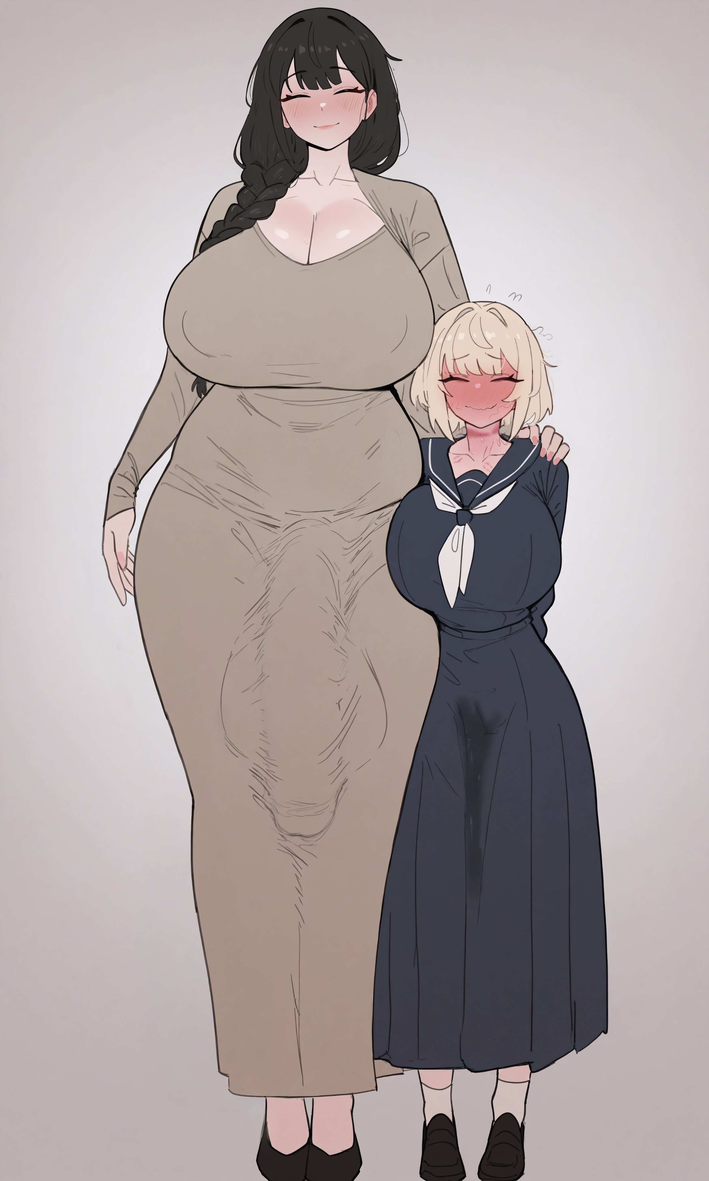 1futa, 1girls, acting, acting innocent, after sex, ai generated, balls, big breasts, bigger dom, bigger futa, bite, bite mark, black hair, blonde female, blonde hair, blush, breasts, breasts bigger than head, bulge, choking, closed eyes, closed eyes smile, dark hair, disheveled, disheveled hair, duo, eyes closed, fake smile, female, flappytsk, fully clothed, futa, futa on female, futa with female, futadom, futanari, hickey, huge cock, intersex, large breasts, light skin, long dress, long hair, long penis, long skirt, milf, neck markings, nervous, nervous smile, older futa, pale skin, pale-skinned futa, penis, penis shaped bulge, penis under dress, pussy, pussy juice, pussy juice stain, red skin, school uniform, short hair, size difference, smaller female, standing, stray pubic hair, testicles, uniform, younger female