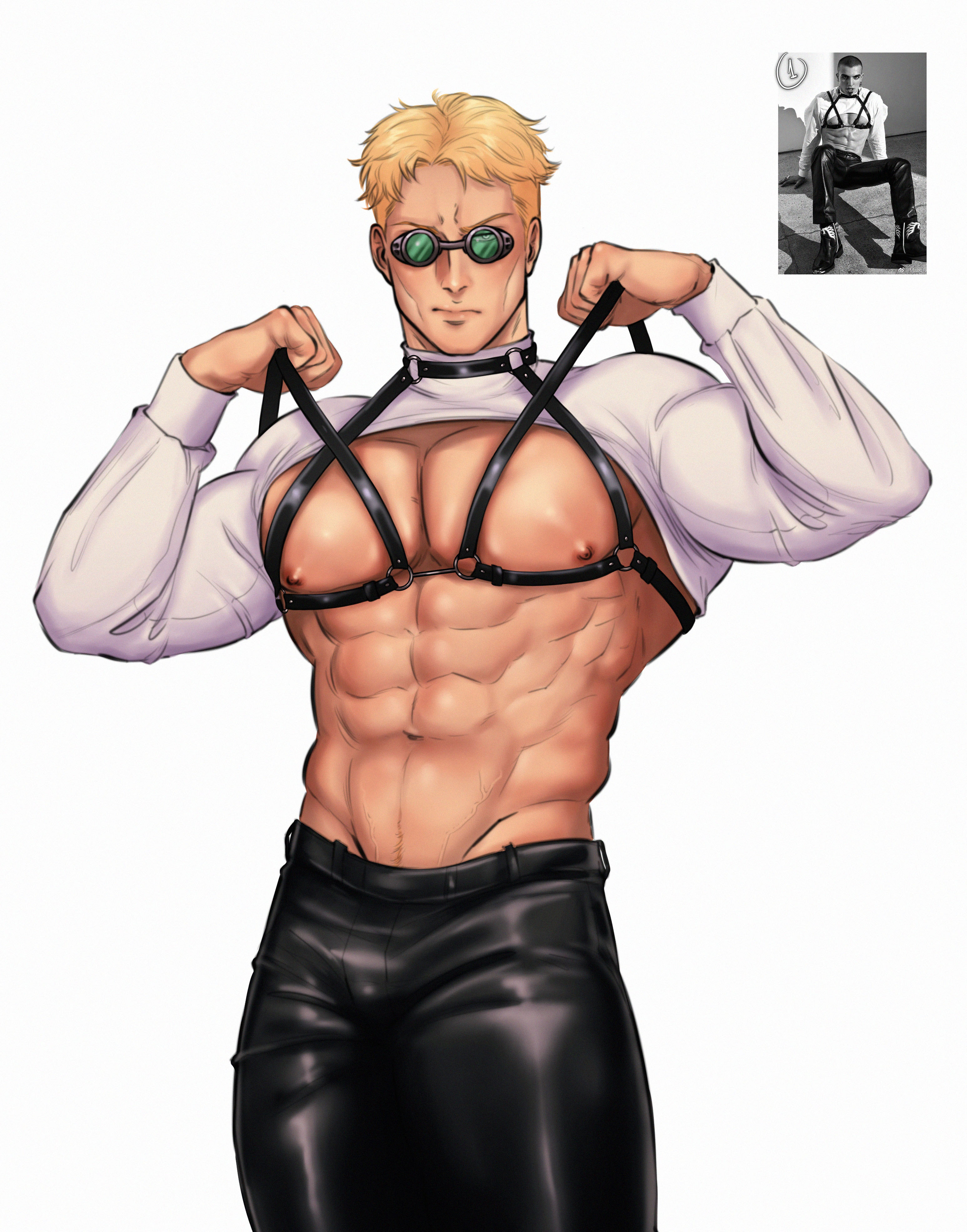 1boy, abs, bara, biceps, blonde hair, chest harness, g00miato, goggles, jujutsu kaisen, kento nanami, male, male focus, male only, muscular, muscular arms, muscular male, nipples, pants, pecs, pectorals, reference image, simple background, solo, solo male, standing, white background, yaoi