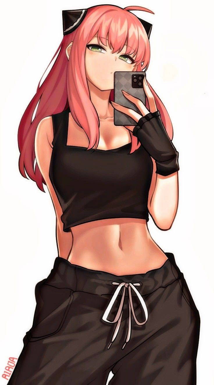 1girls, aged up, anya forger, arms behind back, belly, belly button, black pants, black shirt, blush, cleavage, crop top, cute, digital drawing (artwork), digital media (artwork), female, female only, fully clothed, green eyes, grown up, handwear, looking at viewer, pants, phone, pink hair, rirua, slim, slim female, slim waist, spy x family, taking picture, tank top, teenage female, teenager, waist