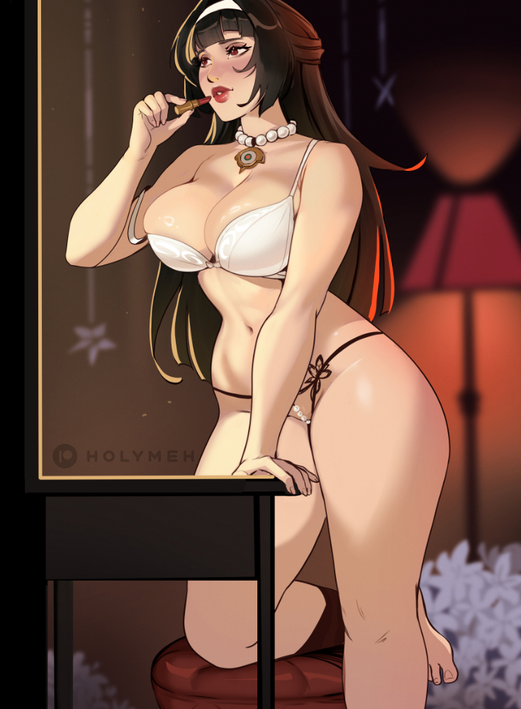 applying lipstick, astra yao, big breasts, black hair, breasts, female, female only, holymeh, lipstick, pearl thong, red eyes, underwear, zenless zone zero