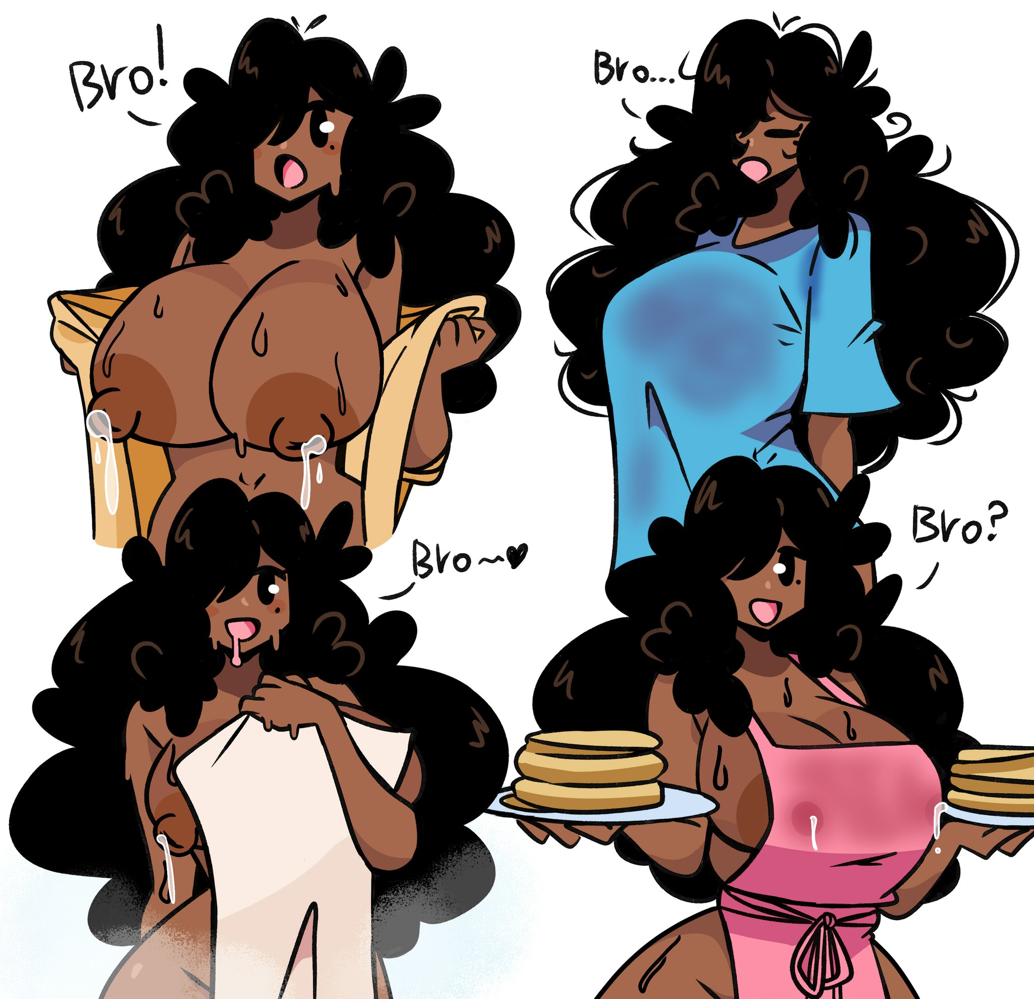 1girls, apron, beauty mark, big breasts, black eyes, black hair, blush, breasts, bro (murgoten), dialogue, edit, english text, female, hair over one eye, huge breasts, large breasts, leaking milk, midriff, murgoten, open mouth, pancake, sleepy, soaked clothes, steam, steaming body, sweat, taking clothes off, third-party edit, topless, topless female, towel