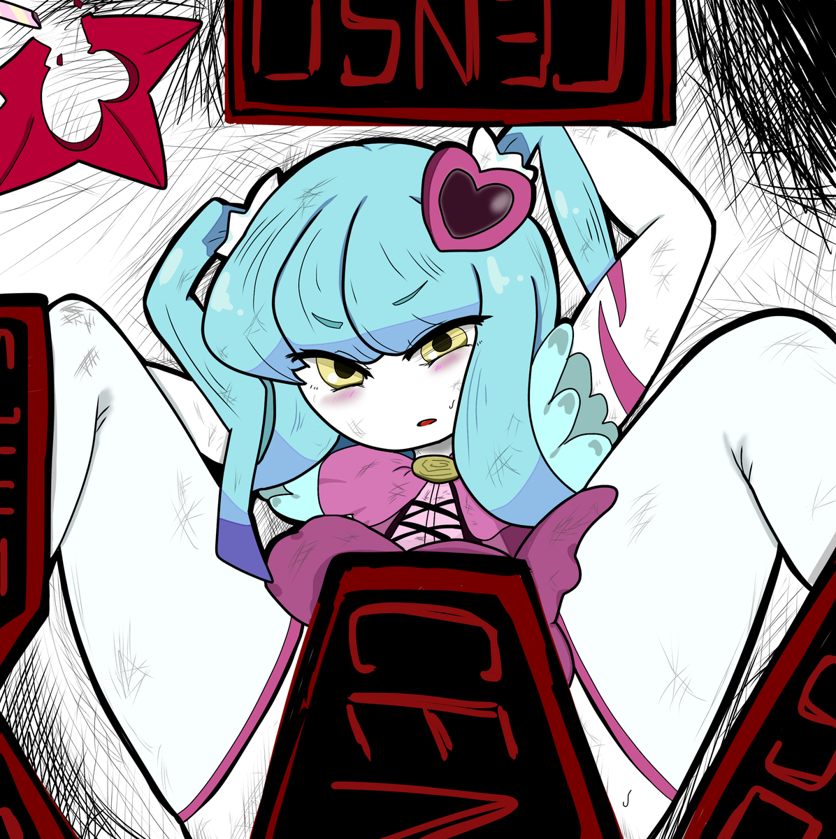 1girls, abnormality (project moon), arm tattoo, artist request, blue hair, blush, breasts, censored (lobotomy corporation), clothed, defeated, defeated heroine, dress, feet out of frame, female, frilled dress, hair ornament, heart hair ornament, imminent rape, imminent sex, legs held open, lobotomy corporation, looking at viewer, magical girl, pale skin, pink ribbon, pink tattoo, project moon, queen of hatred, restrained, simple background, small breasts, spread legs, stockings, two side up, yellow eyes