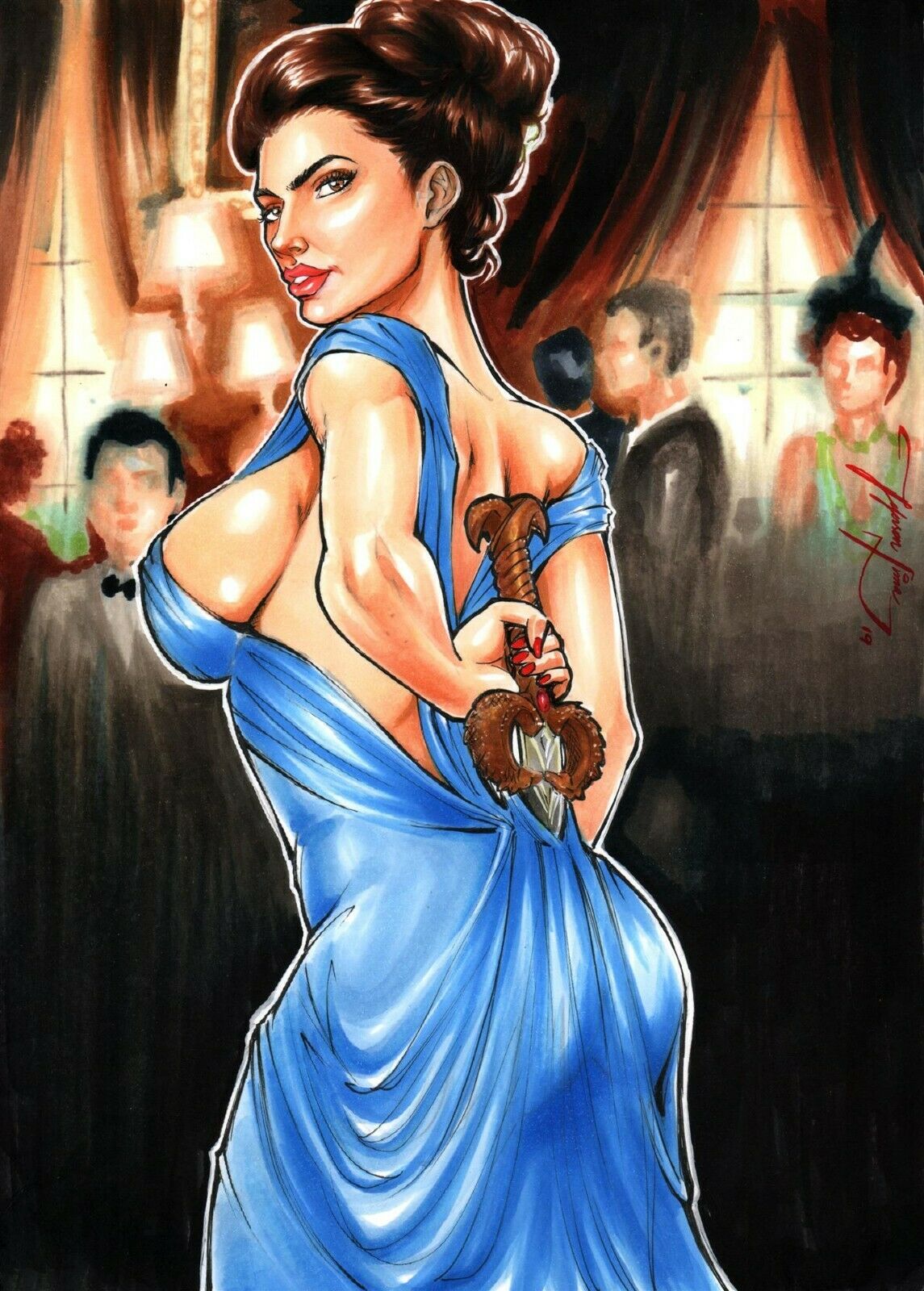 1girls 2019 ass back_view backboob ball big_breasts blue_dress blurry_background breasts brown_eyes brown_hair busty crowd dated dc_comics dc_extended_universe dceu diana_prince dress ed_benes_studio eye_contact female female_only from_behind gal_gadot gown hair_bun hairbun jeferson_lima justice_league large_breasts looking_at_viewer looking_back looking_back_at_viewer nail_polish pinup public red_lips red_lipstick red_nail_polish red_nails sheathed sheathed_weapon sideboob signature solo standing sword weapon wonder_woman wonder_woman_(series)