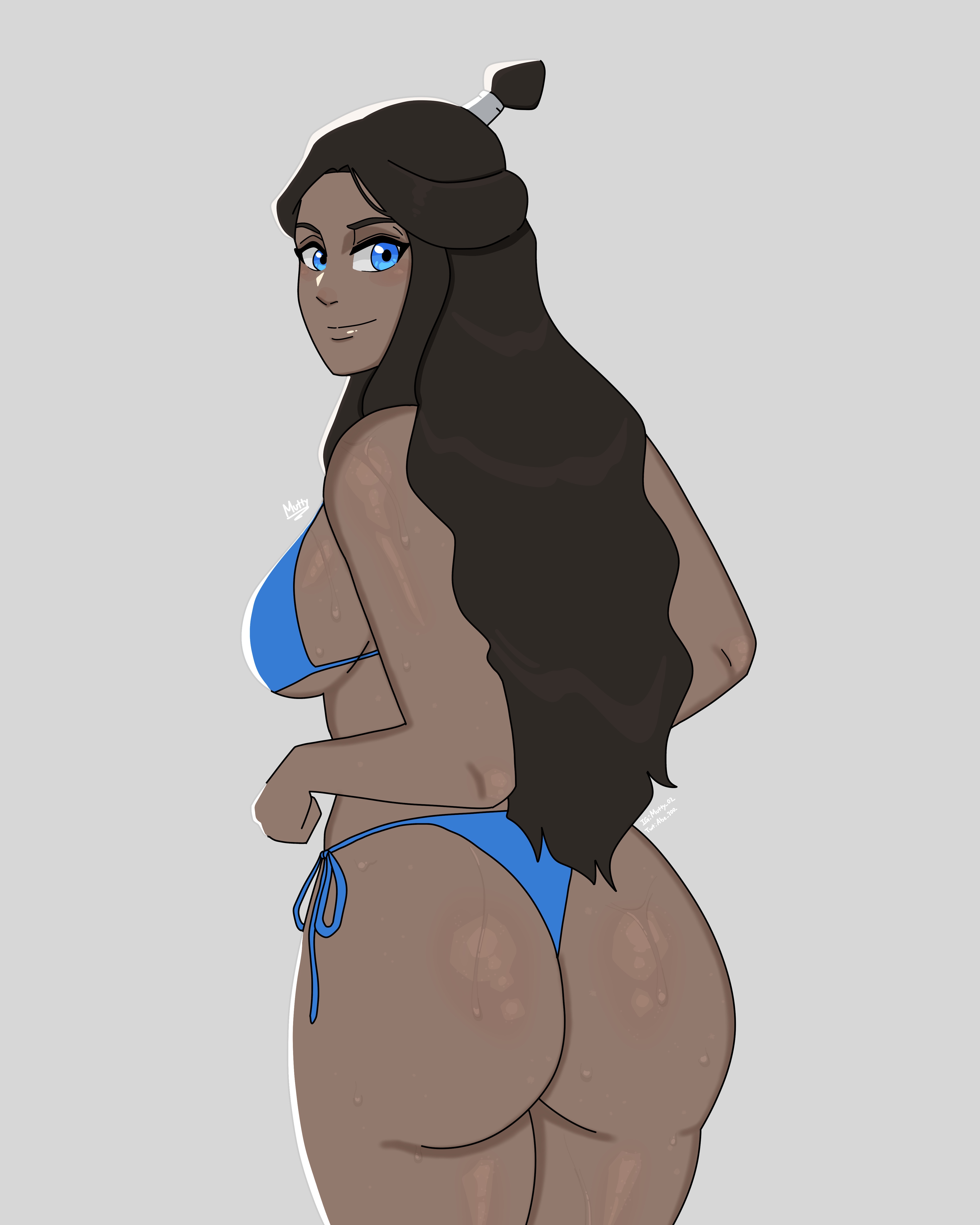 1girls, aged up, artist signature, ass, ass length hair, avatar the last airbender, big ass, big breasts, bikini, blue bikini, blue eyes, blush, breasts, brown hair, bubble ass, bubble butt, caked up, cheesecake, clothed female, dark skin, dark-skinned female, female, half updo, katara, long hair, looking at viewer, looking back at viewer, medium breasts, mutty, nickelodeon, pinup, plump lips, presenting ass, rear view, shiny skin, simple background, smile, smiling at viewer, solo, solo female, standing, sweaty body, swimsuit, thick thighs, thong, thong bikini, topknot, underboob, water tribe, wavy hair, wet skin, young adult