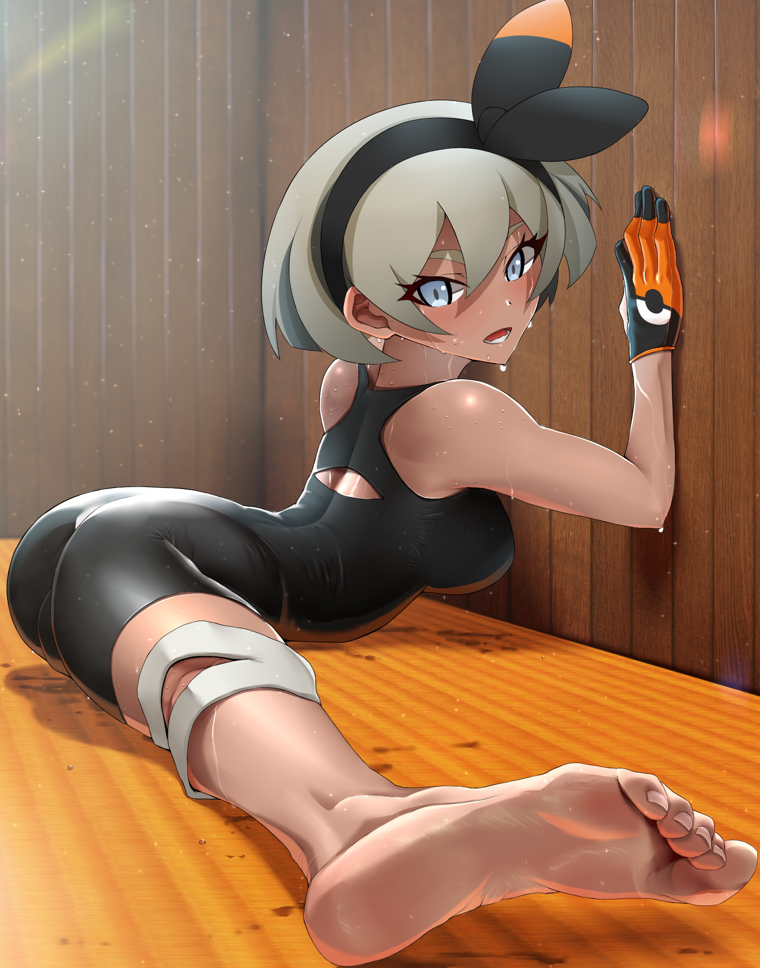 1girls, alternate breast size, ass, back, barefoot, bea (pokemon), big breasts, blush, bodysuit, breasts, clothed, dark skin, dark-skinned female, eye contact, feet, female, female only, flexible, foot focus, human, kilesha, kirewisha, large breasts, looking at viewer, looking back, muscular, muscular female, naughty face, nintendo, pokemon, pokemon ss, pose, pov feet, seductive, sideboob, sitting, soles, solo, splits, sweat, thick thighs, toes, wet