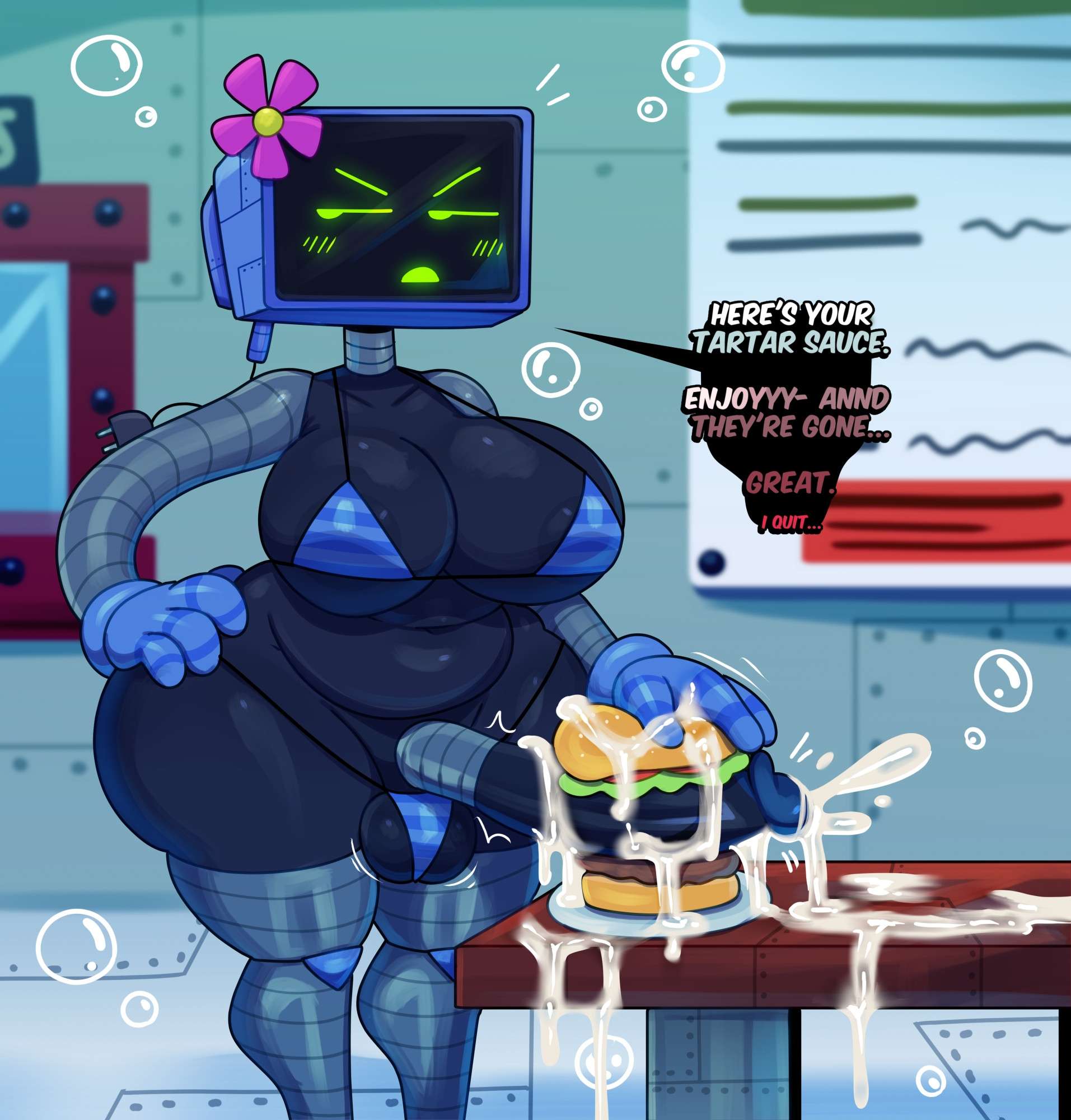 1futa, 1robot, 2d, ass, big ass, big breasts, big butt, bikini, breasts, burger, burger fucking, cum, cum on food, cumming, cumming on food, dickgirl, fat ass, female, food, food penetration, futa, futa only, futanari, hamburger, intersex, karen plankton, krabby patty, nickelodeon, penis, penis burger, robot, robot futa, robot girl, screen face, somescrub, spongebob squarepants, thick ass, thick thighs, thighhighs, thighs, tv head, tv screen
