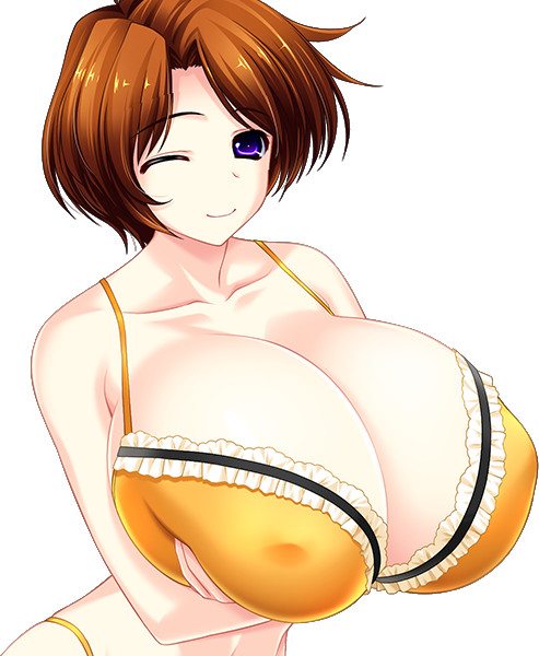 arisugawa_chisato big_breasts bikini brown_hair gigantic_breasts huge_breasts kurasaki_minato purple_eyes shabura_rental short_hair wink